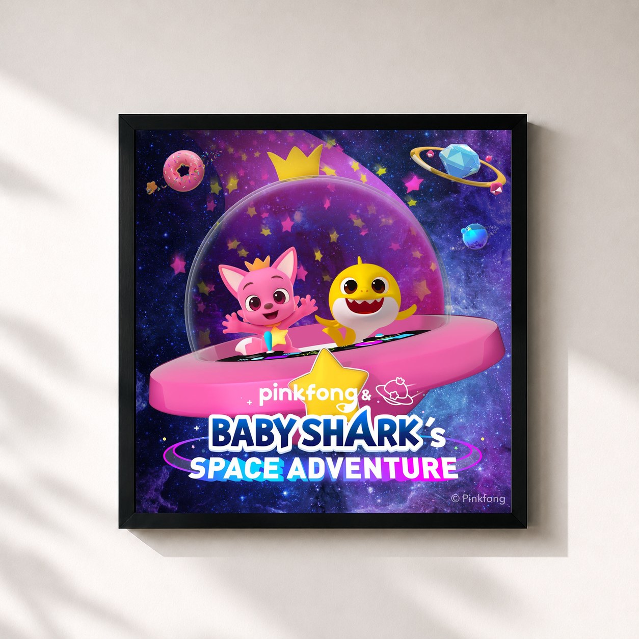 #noir Tableau carré de l'album Pinkfong & Baby Shark's Space Adventure Songs de Pinkfong, cadre noir 32x32 cm