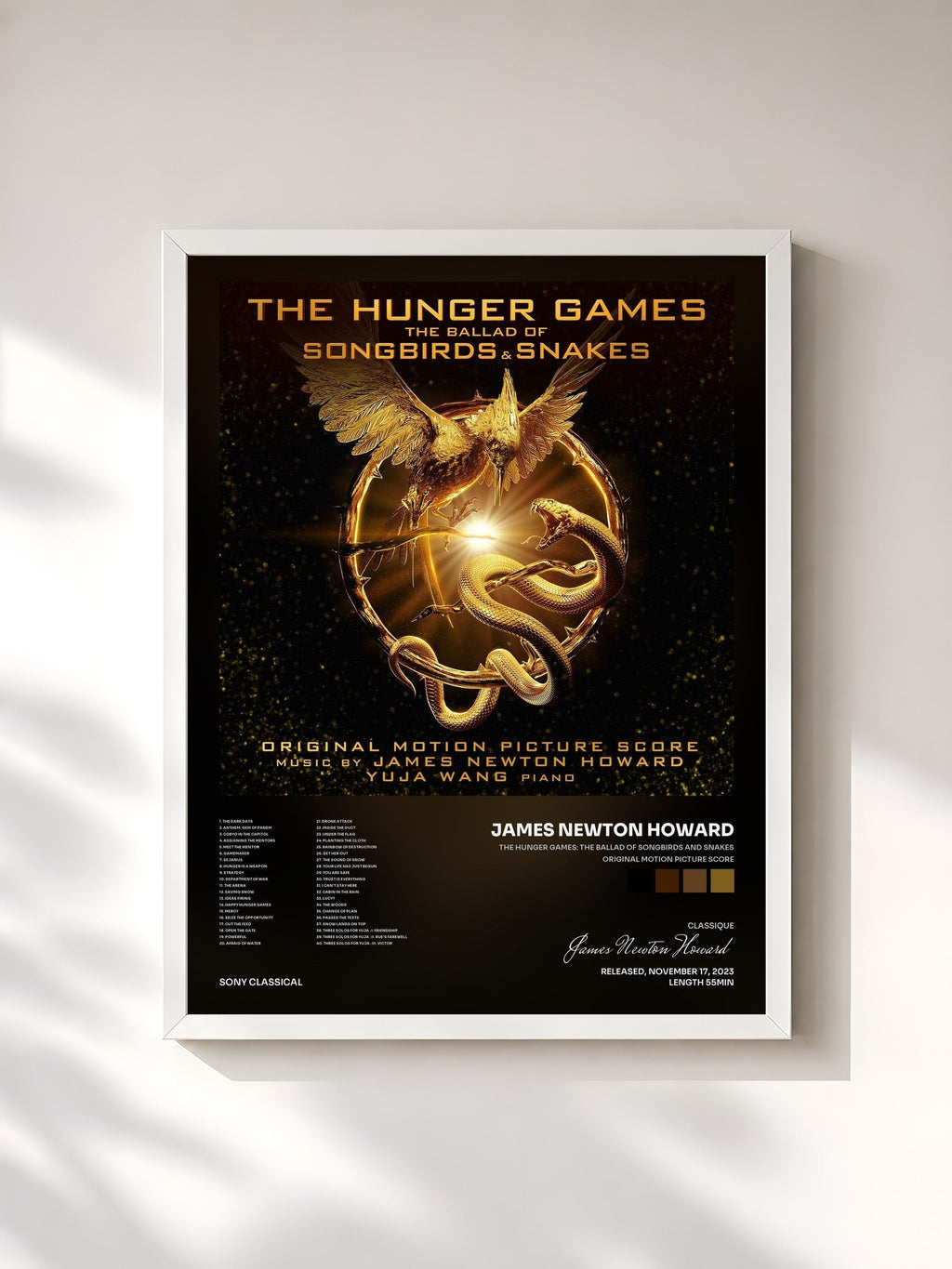#blanc Tableau de l'album The Hunger Games: The Ballad of Songbirds and Snakes (Original Motion Picture Score) de James Newton Howard, cadre blanc, imprimé et encadré en France