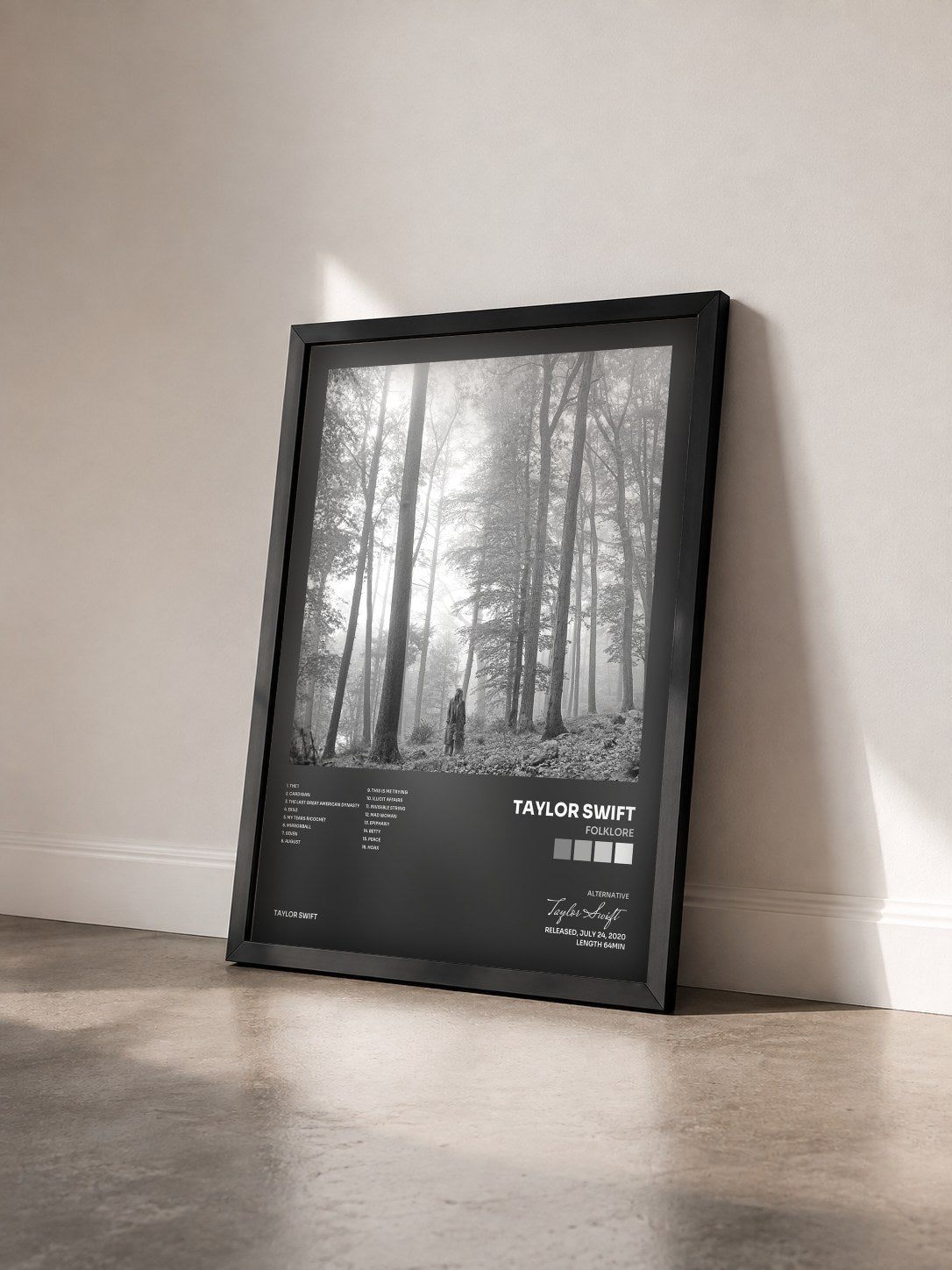 #noir Tableau de l'album folklore de Taylor Swift vu de trois quarts, cadre noir