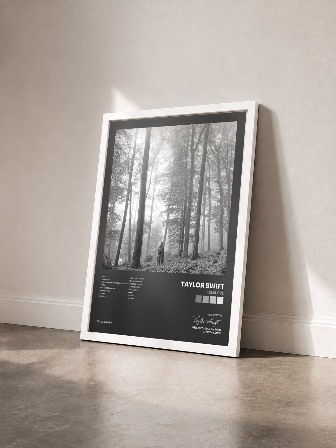 #blanc Tableau de l'album folklore de Taylor Swift vu de trois quarts, cadre blanc