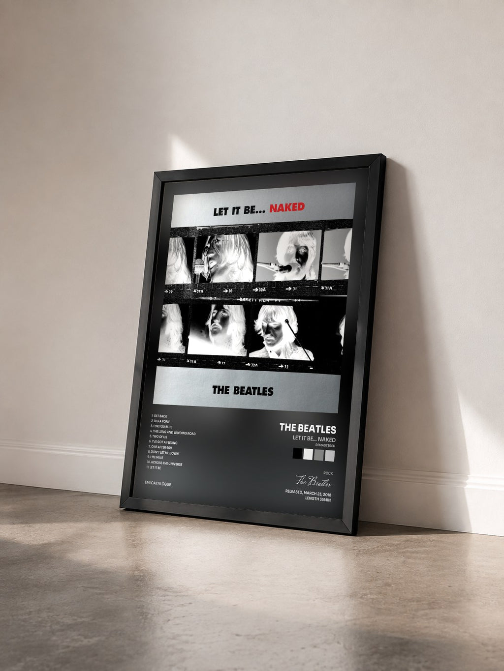 #noir Tableau de l'album Let It Be... Naked (Remastered) de The Beatles vu de trois quarts, cadre noir