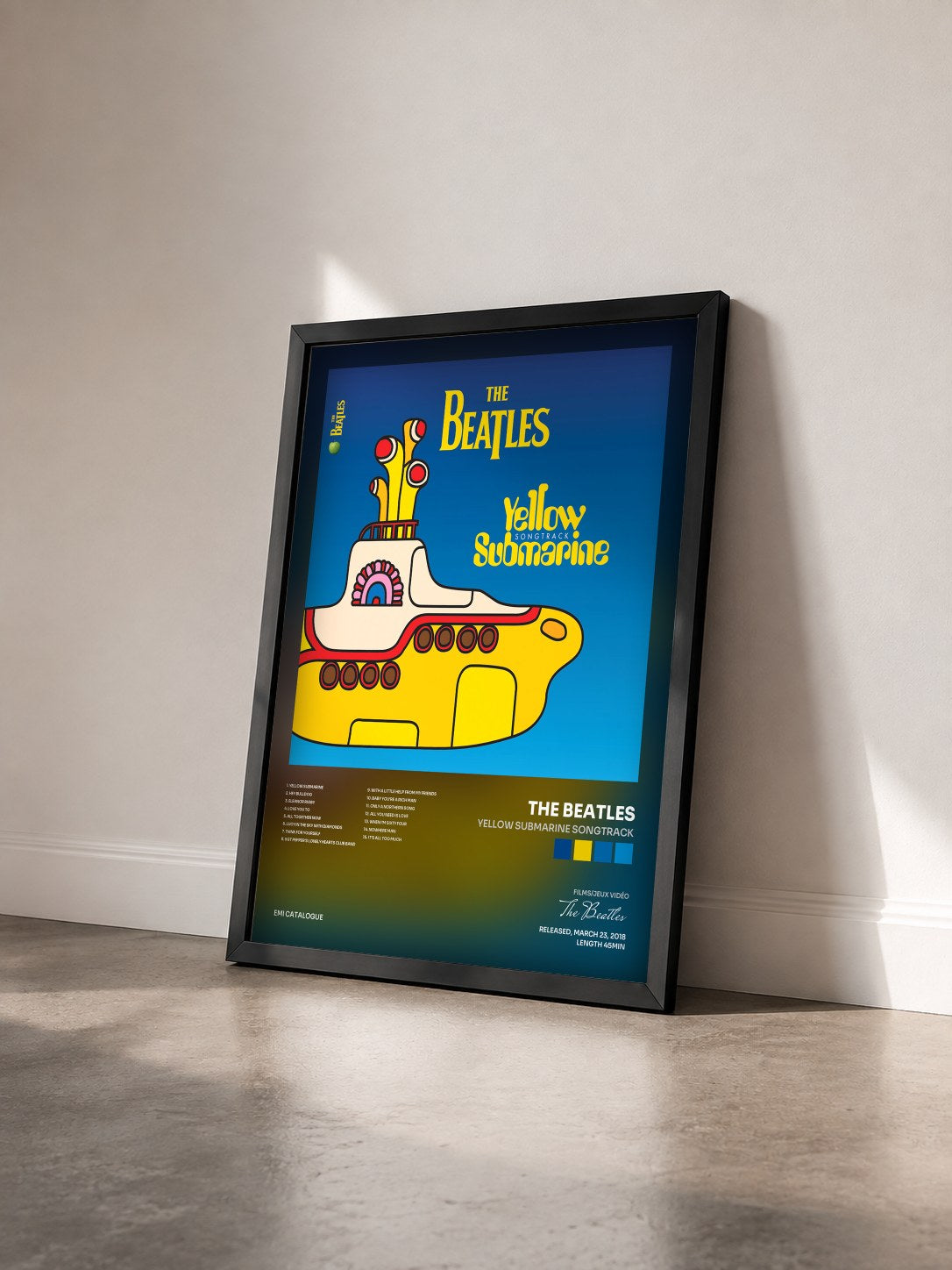 #noir Tableau de l'album Yellow Submarine Songtrack de The Beatles vu de trois quarts, cadre noir