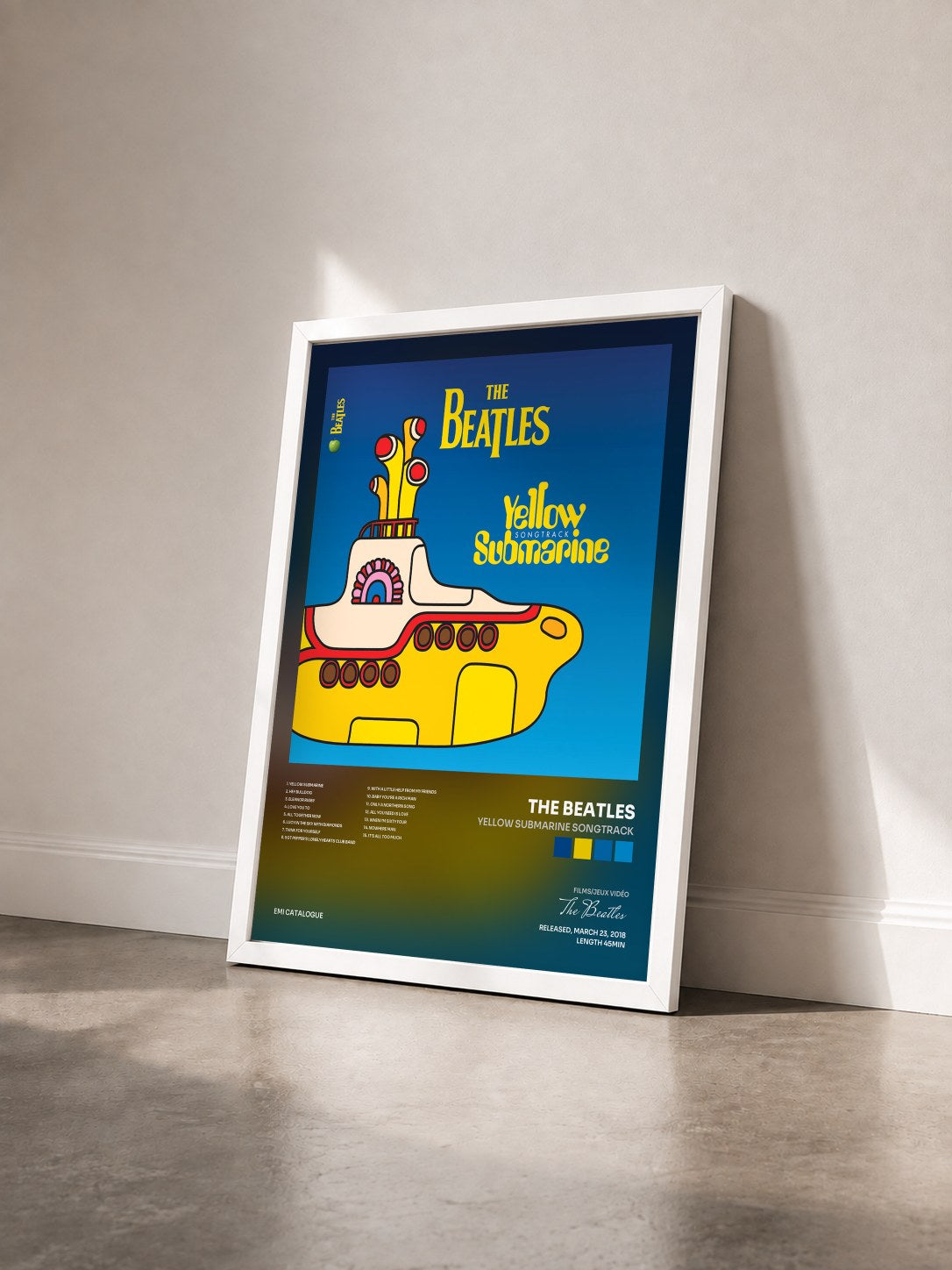 #blanc Tableau de l'album Yellow Submarine Songtrack de The Beatles vu de trois quarts, cadre blanc