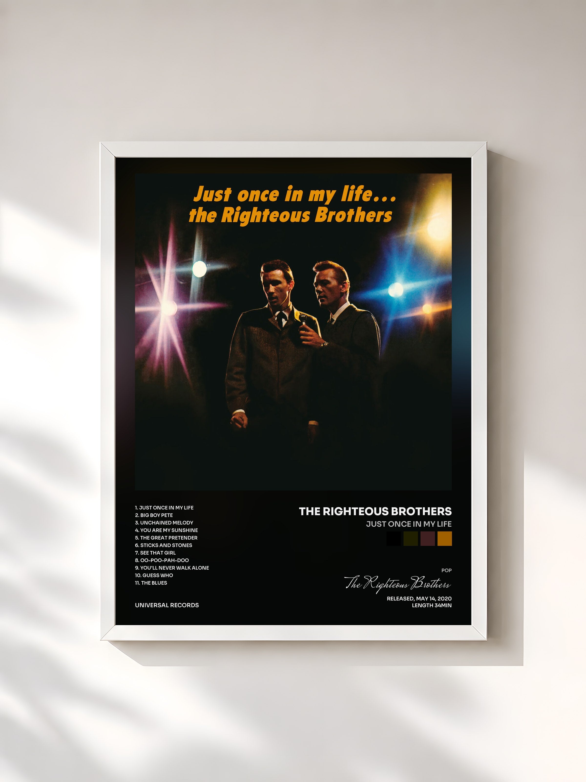 #blanc Tableau de l'album Just Once In My Life de The Righteous Brothers, cadre blanc, imprimé et encadré en France