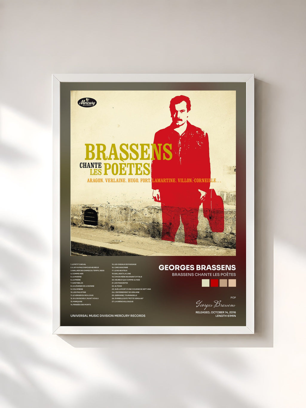 #blanc Tableau de l'album Brassens chante les poètes de Georges Brassens, cadre blanc, imprimé et encadré en France