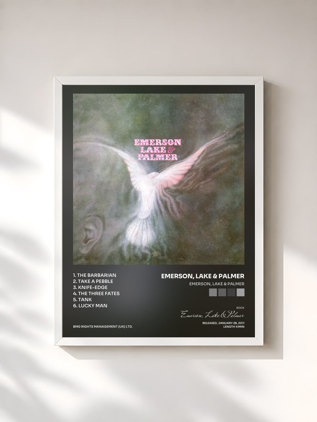 #blanc Emerson, Lake & Palmer de Emerson, Lake & Palmer en lámina enmarcada, marco blanco, impresa y enmarcada en Francia