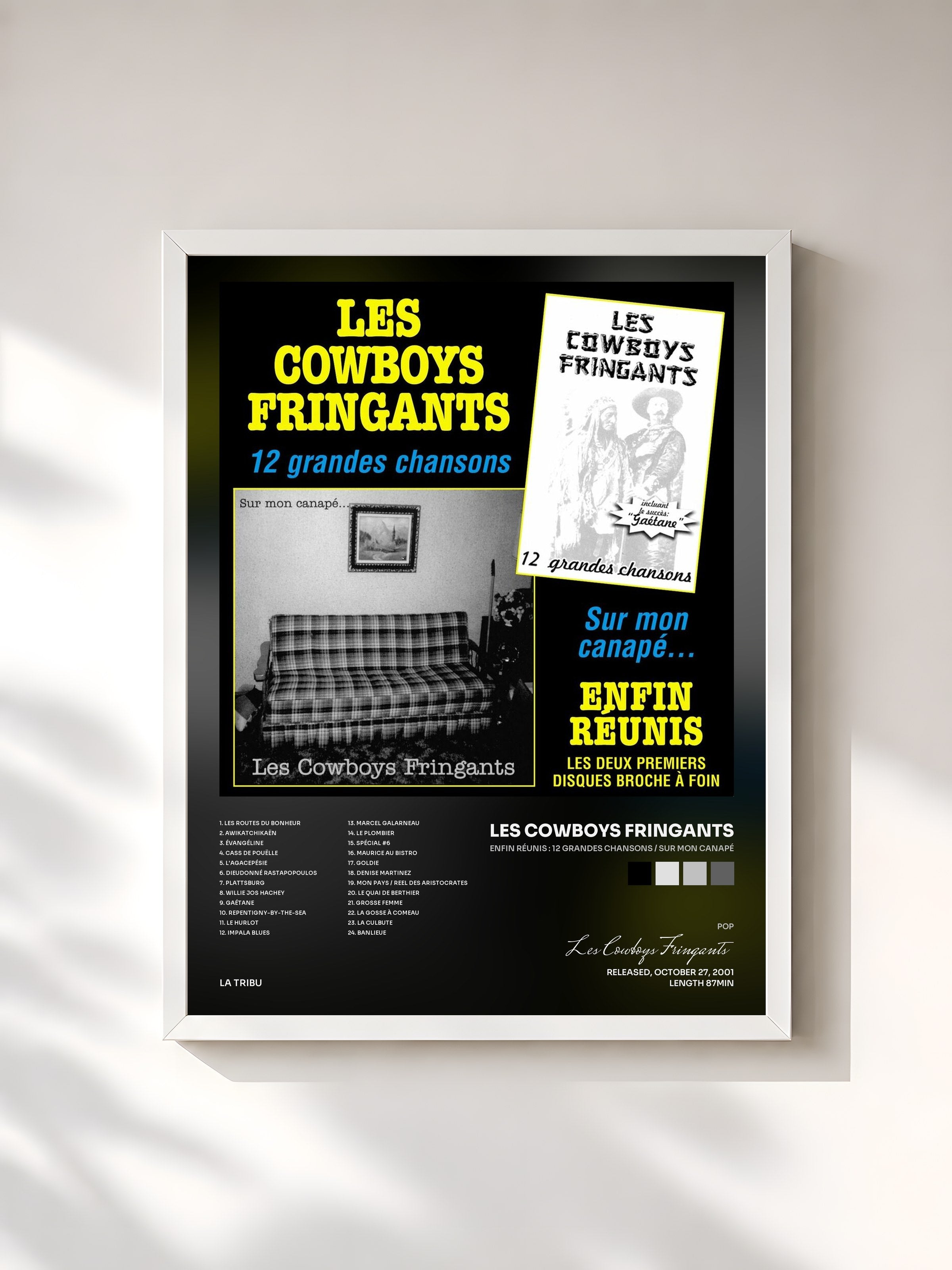#blanc Tableau de l'album Enfin réunis : 12 grandes chansons / Sur mon canapé de Les Cowboys Fringants, cadre blanc, imprimé et encadré en France
