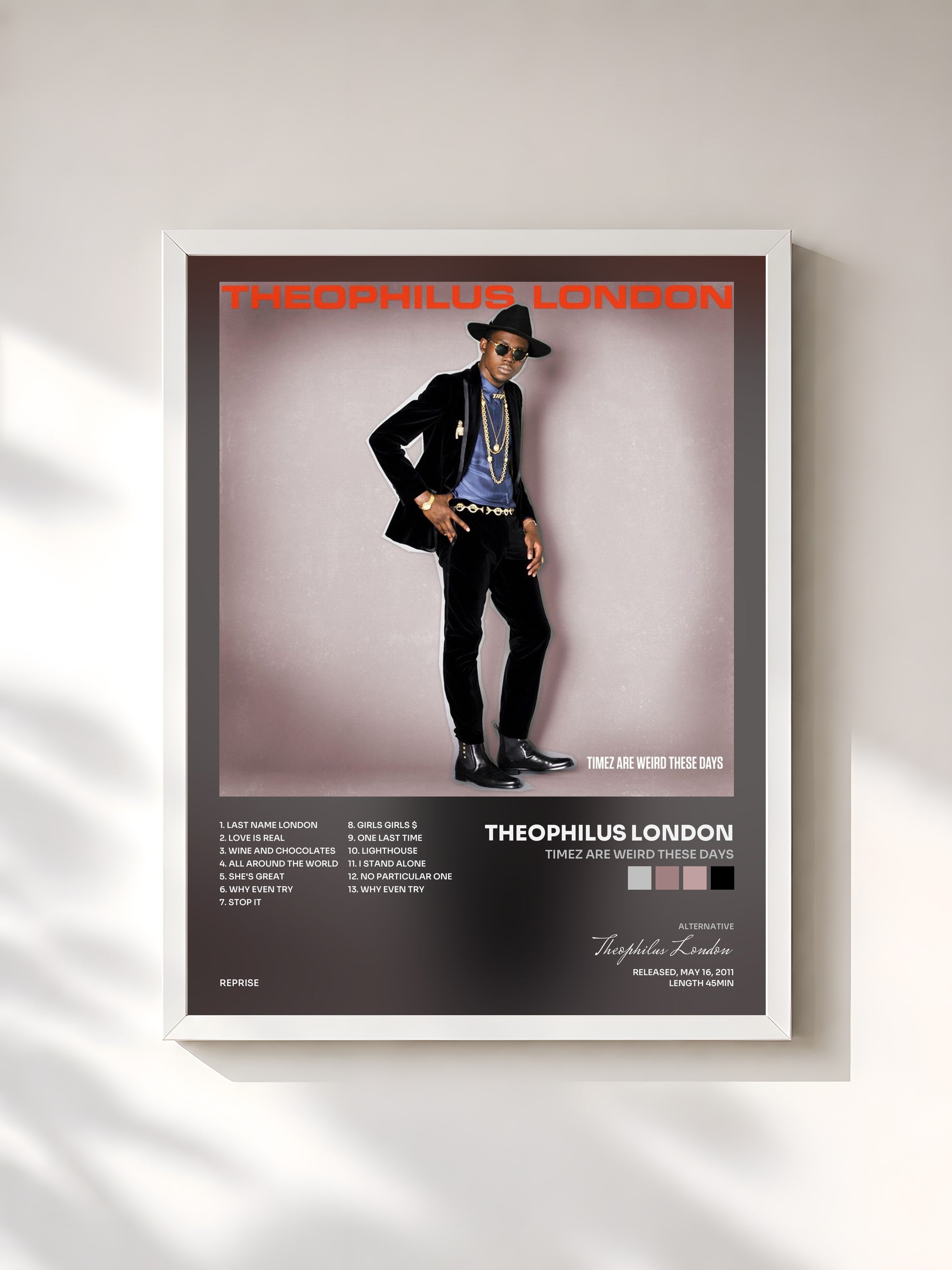#blanc Tableau de l'album Timez Are Weird These Days de Theophilus London, cadre blanc, imprimé et encadré en France