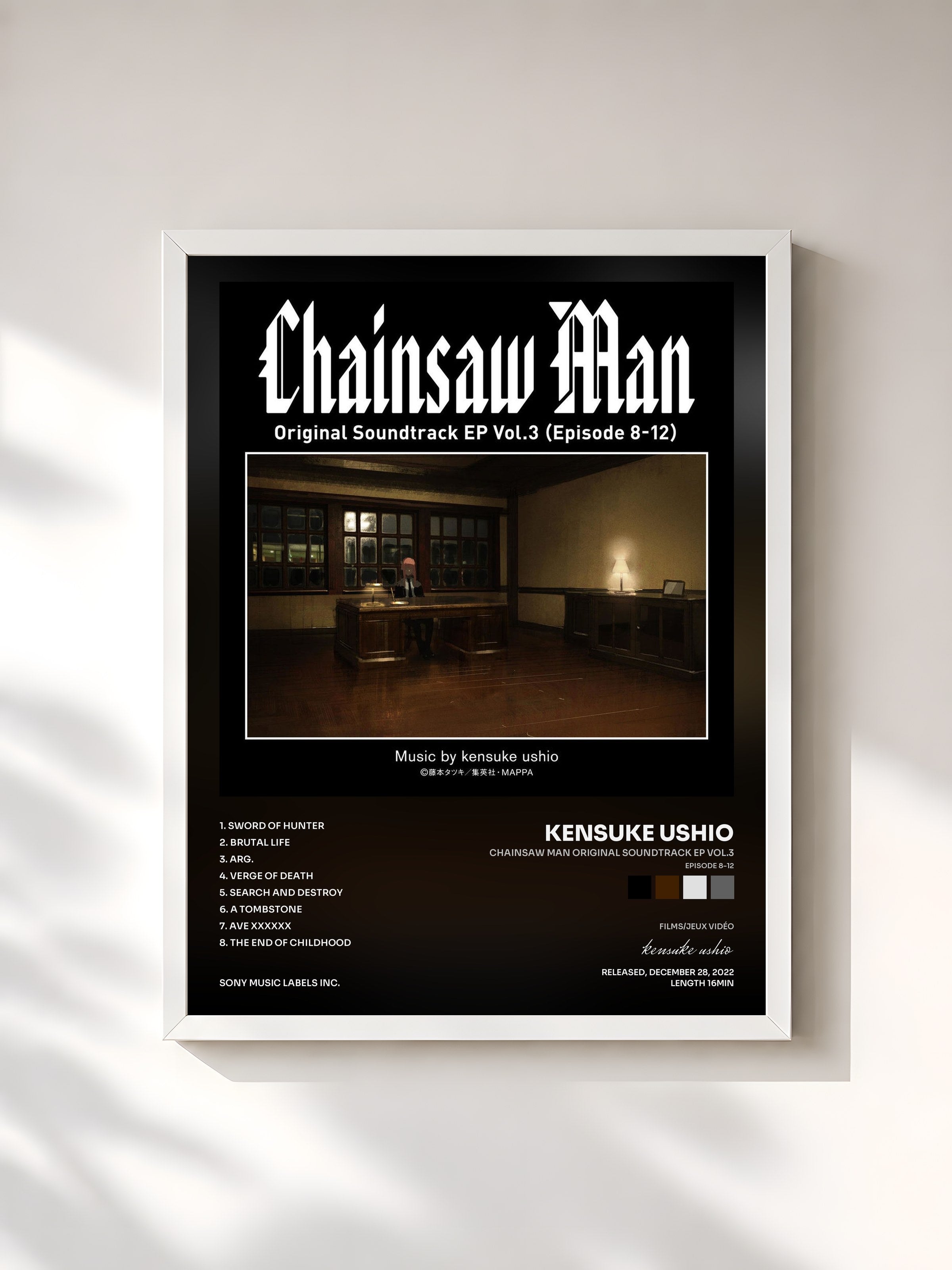 #blanc Tableau de l'album Chainsaw Man Original Soundtrack EP Vol.3 (Episode 8-12) de kensuke ushio, cadre blanc, imprimé et encadré en France
