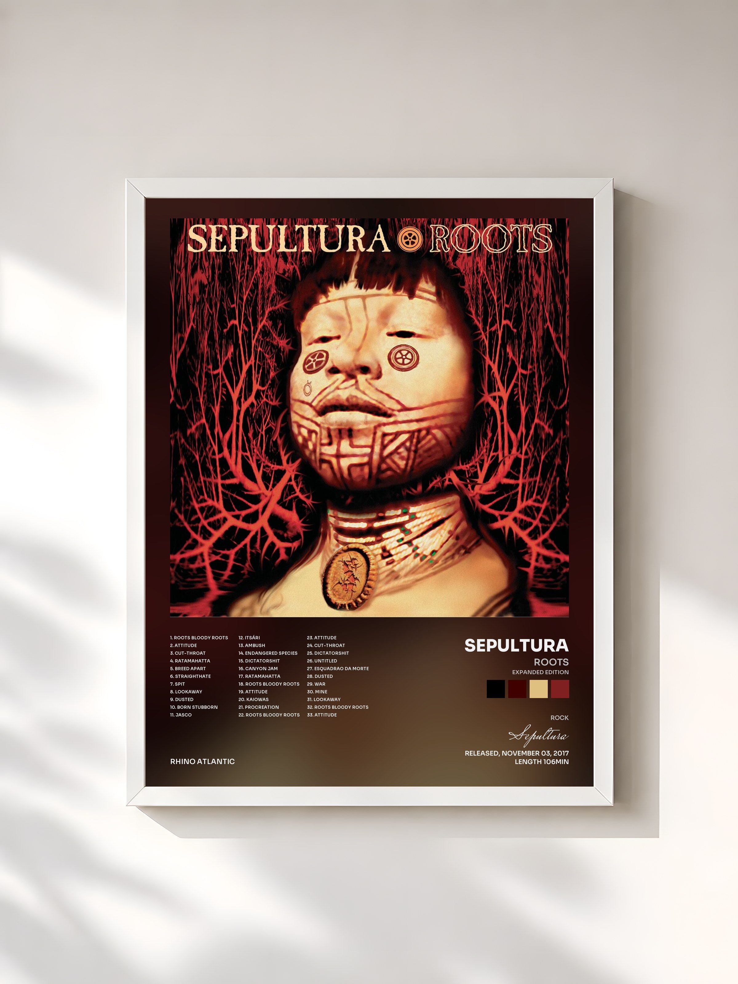 #blanc Tableau de l'album Roots (Expanded Edition) de Sepultura, cadre blanc, imprimé et encadré en France