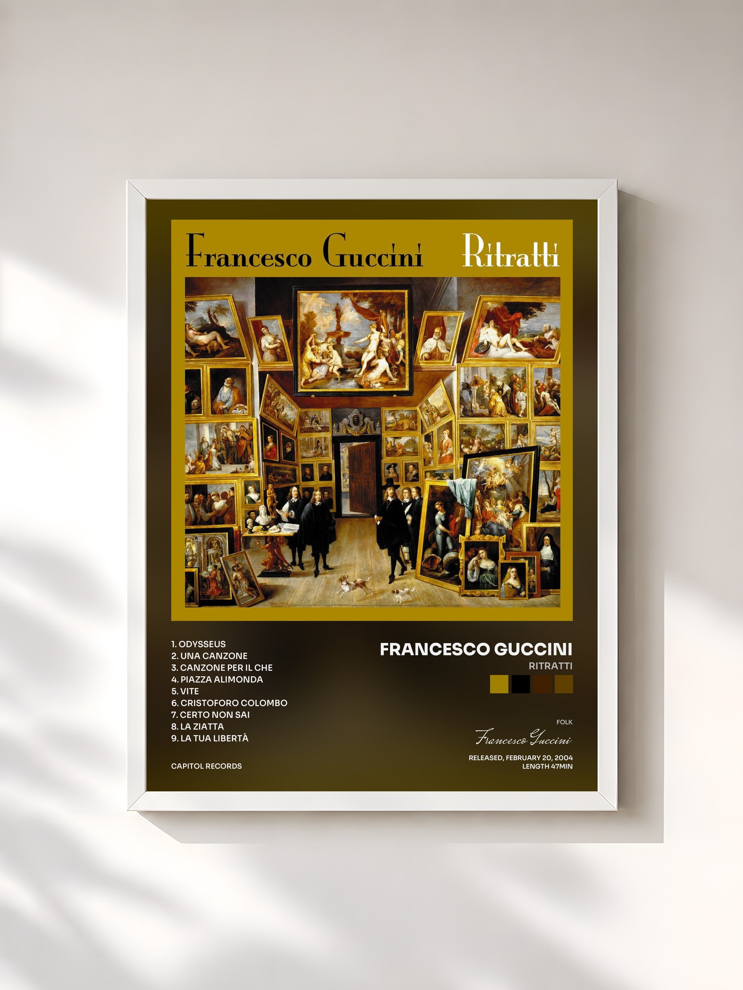 #blanc Tableau de l'album Ritratti de Francesco Guccini, cadre blanc, imprimé et encadré en France