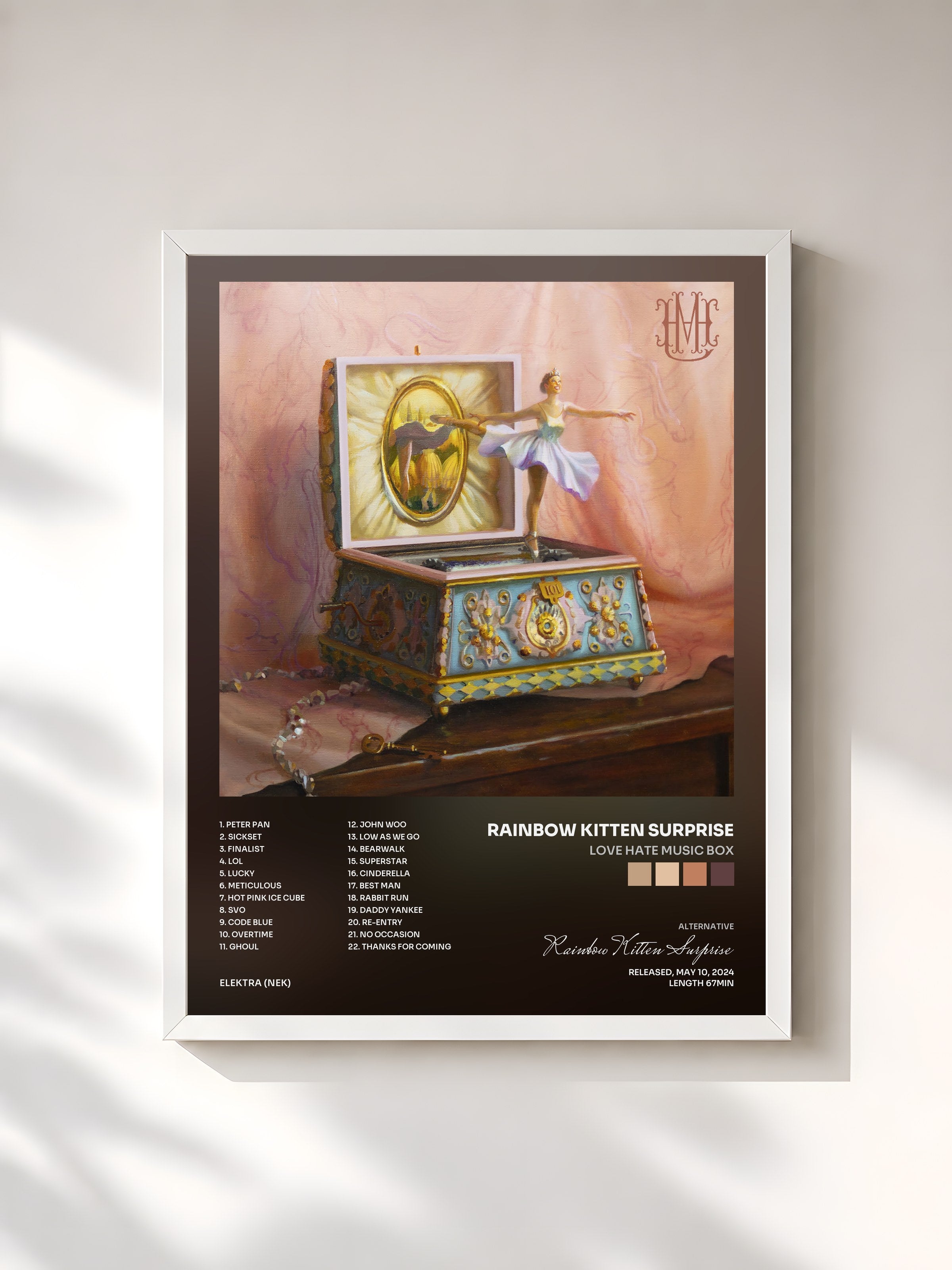 #blanc Tableau de l'album Love Hate Music Box de Rainbow Kitten Surprise, cadre blanc, imprimé et encadré en France
