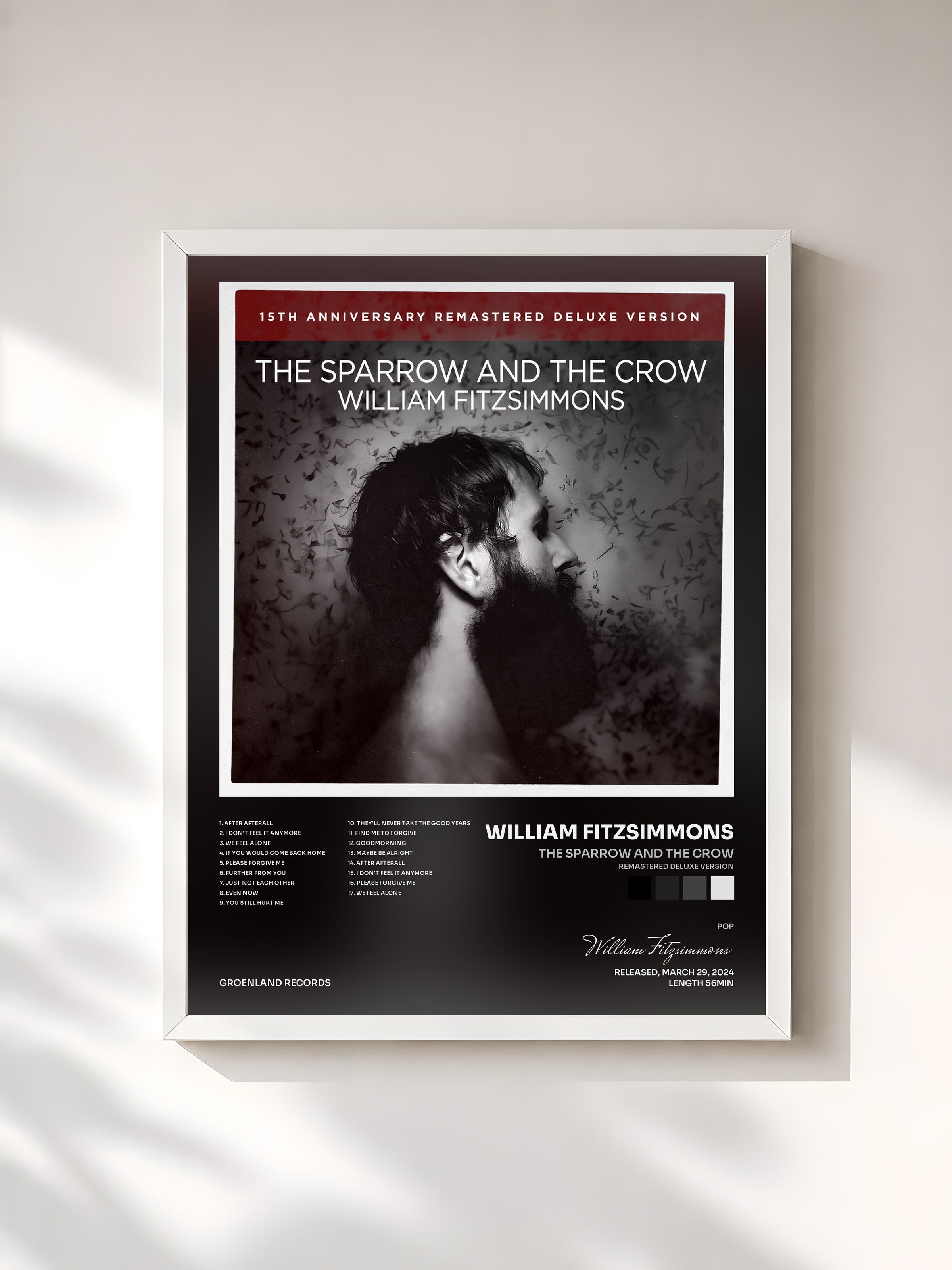 #blanc Tableau de l'album The Sparrow and the Crow (Remastered Deluxe Version) de William Fitzsimmons, cadre blanc, imprimé et encadré en France