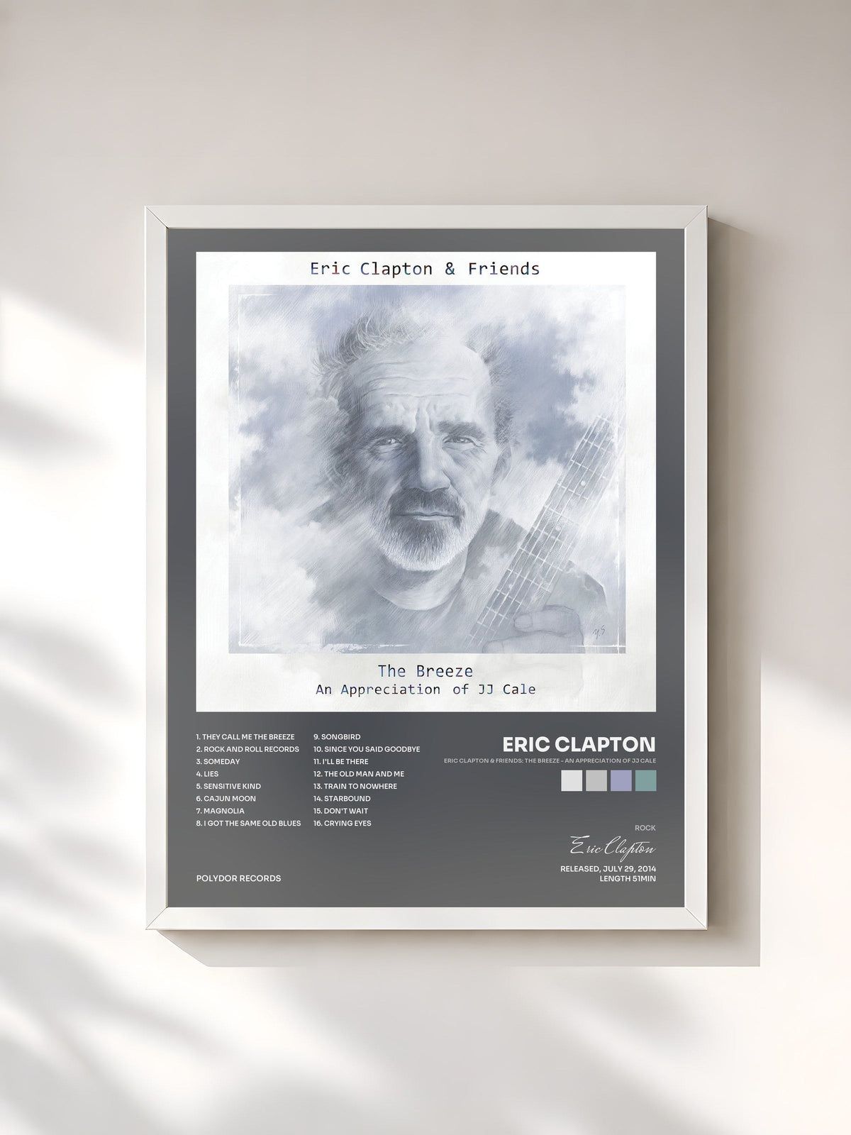 #blanc Tableau de l'album Eric Clapton & Friends: The Breeze - An Appreciation Of JJ Cale de Eric Clapton, cadre blanc, imprimé et encadré en France