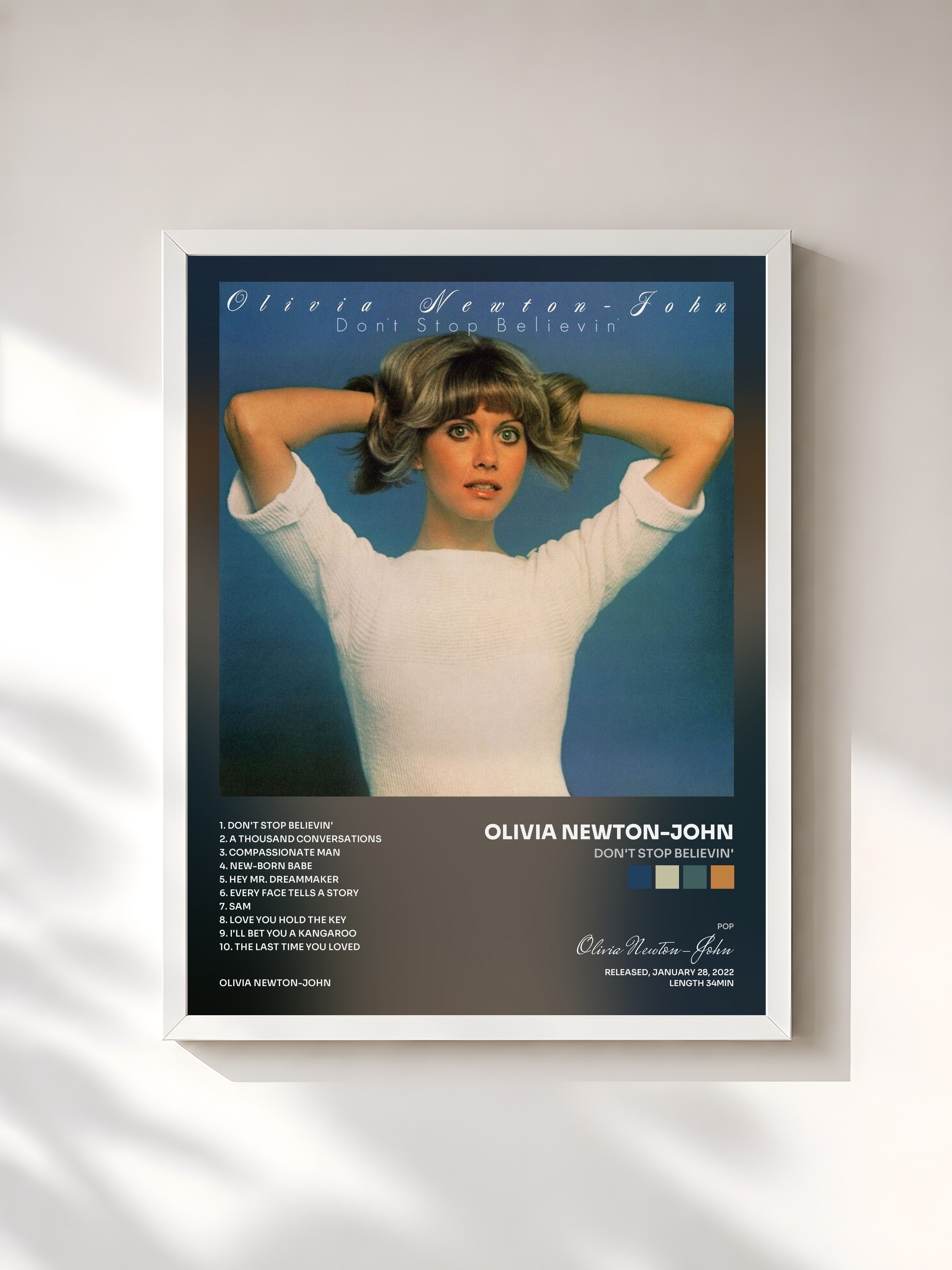 #blanc Tableau de l'album Don't Stop Believin' de Olivia Newton-John, cadre blanc, imprimé et encadré en France