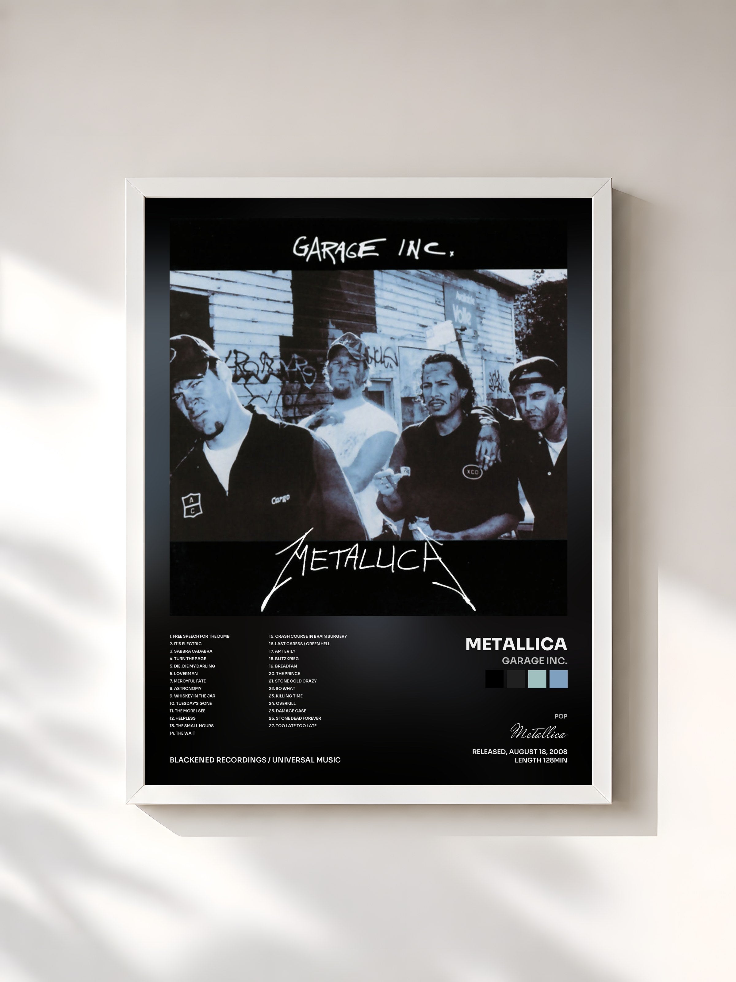 #blanc Garage Inc. by Metallica as a framed art print, white frame, printed and framed in France