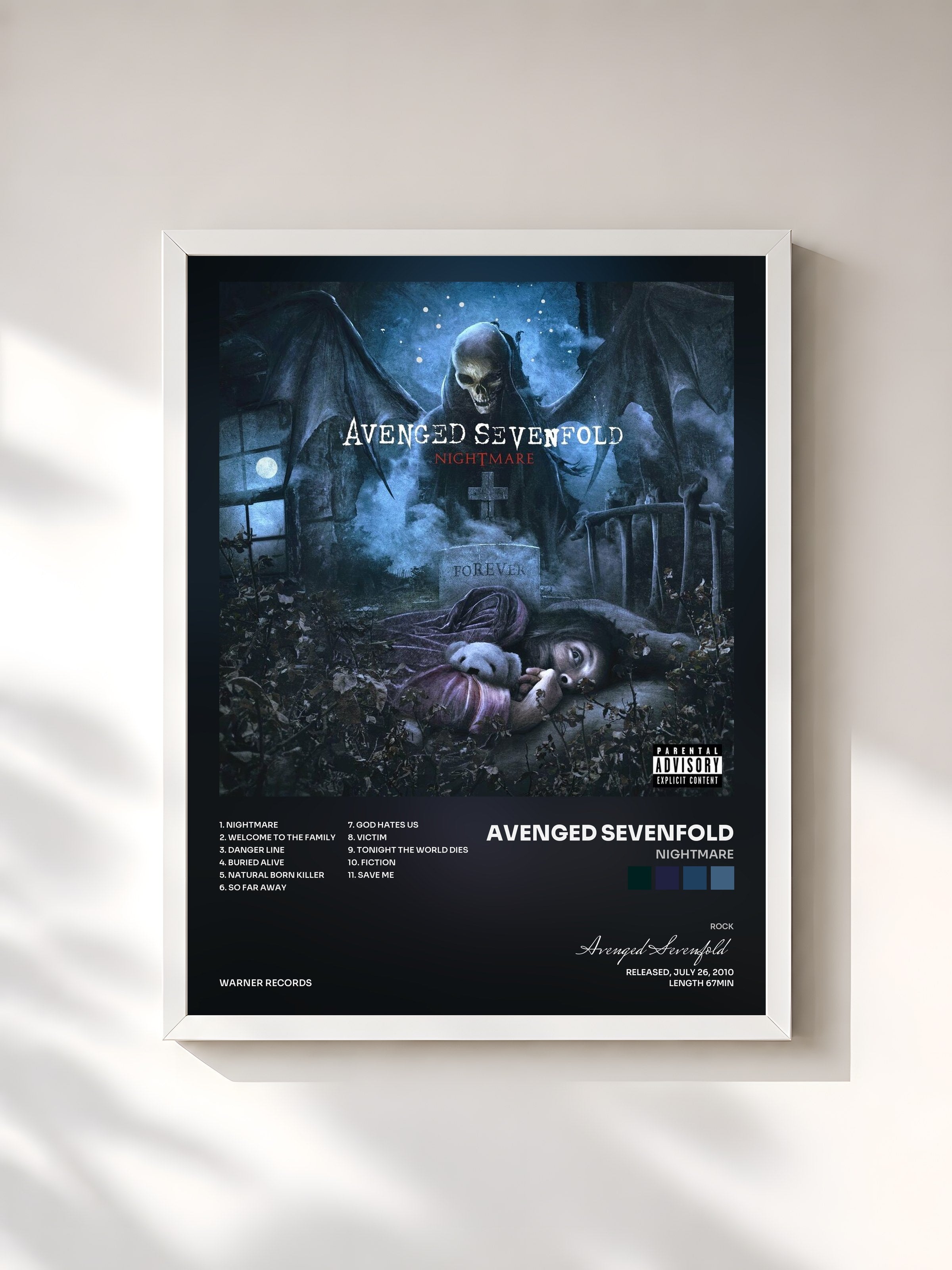 #blanc Tableau de l'album Nightmare de Avenged Sevenfold, cadre blanc, imprimé et encadré en France