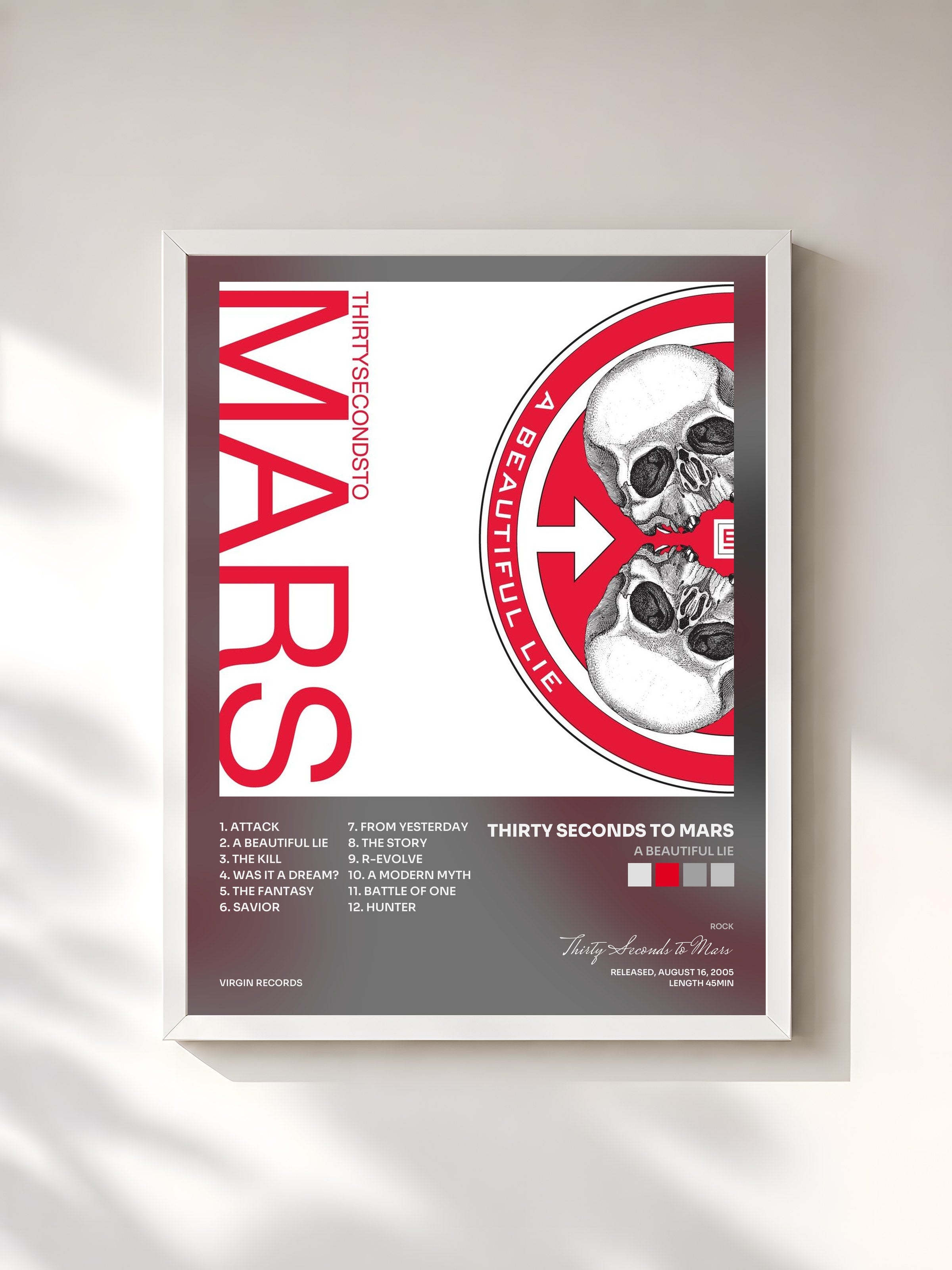 #blanc A Beautiful Lie by Thirty Seconds to Mars as a framed art print, white frame, printed and framed in France