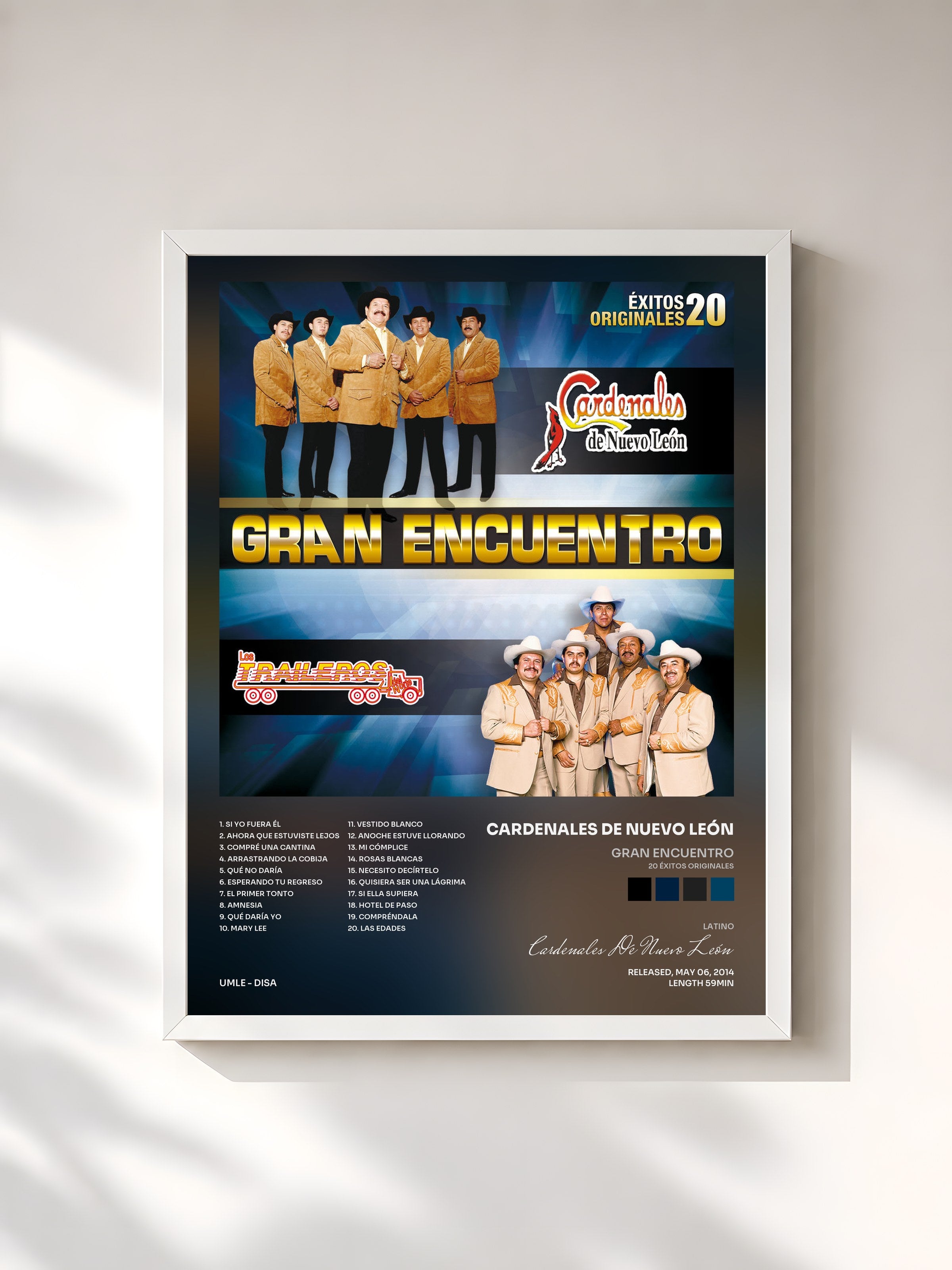 #blanc Tableau de l'album Gran Encuentro (20 Éxitos Originales) de Cardenales De Nuevo León, cadre blanc, imprimé et encadré en France