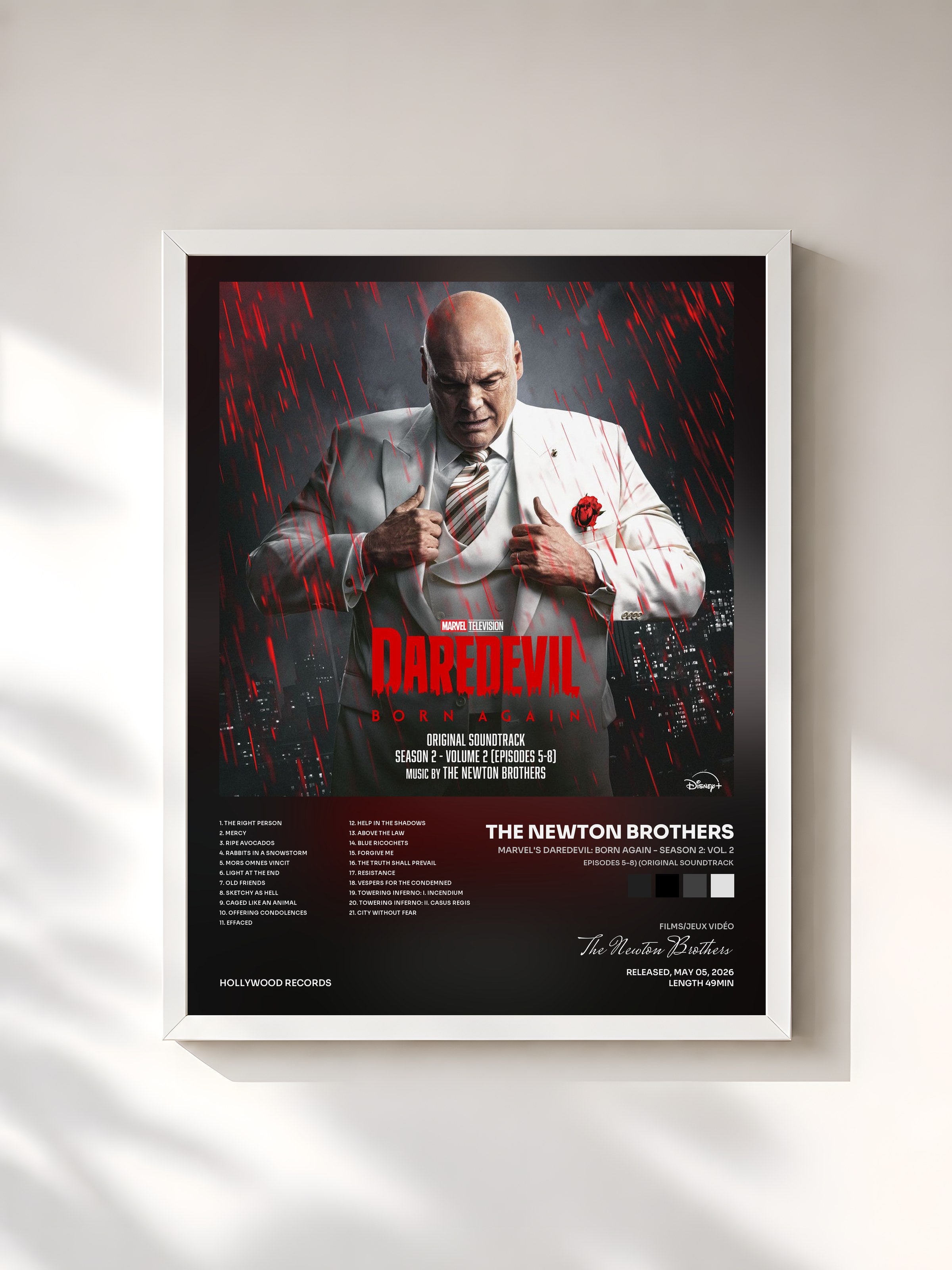 #blanc Tableau de l'album Marvel's Daredevil: Born Again - Season 2: Vol. 2 (Episodes 5-8) (Original Soundtrack) de The Newton Brothers, cadre blanc, imprimé et encadré en France