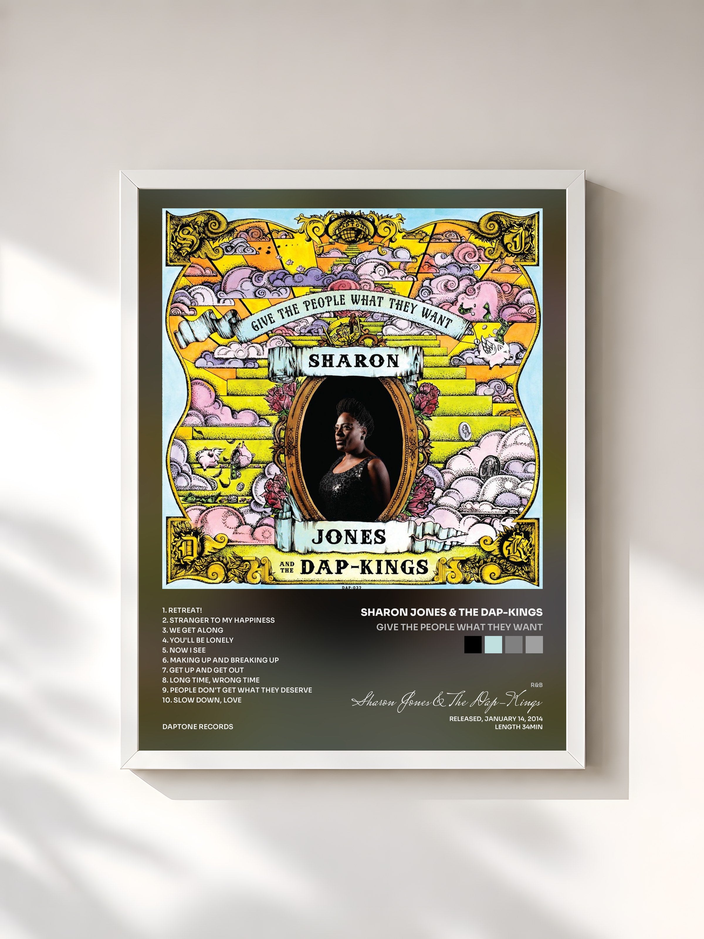 #blanc Tableau de l'album Give the People What They Want de Sharon Jones & The Dap-Kings, cadre blanc, imprimé et encadré en France