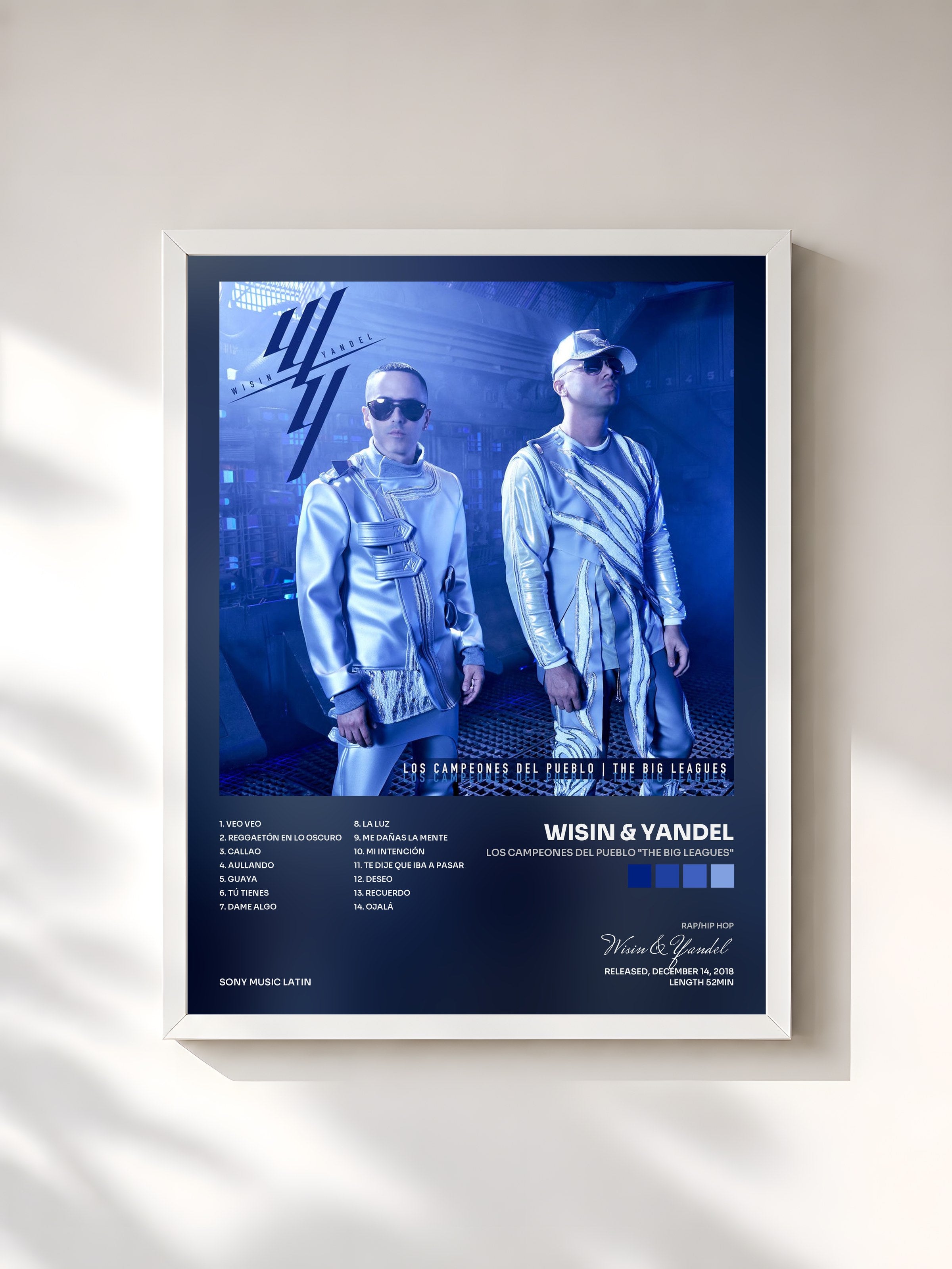#blanc Tableau de l'album Los Campeones del Pueblo "The Big Leagues" de Wisin & Yandel, cadre blanc, imprimé et encadré en France
