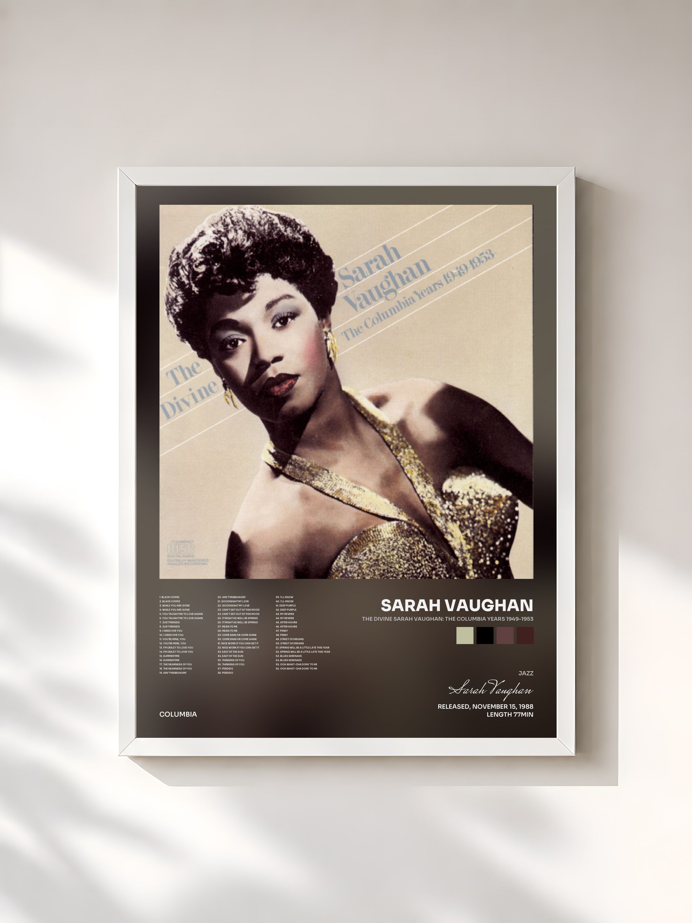 #blanc Tableau de l'album The Divine Sarah Vaughan: The Columbia Years 1949-1953 de Sarah Vaughan, cadre blanc, imprimé et encadré en France
