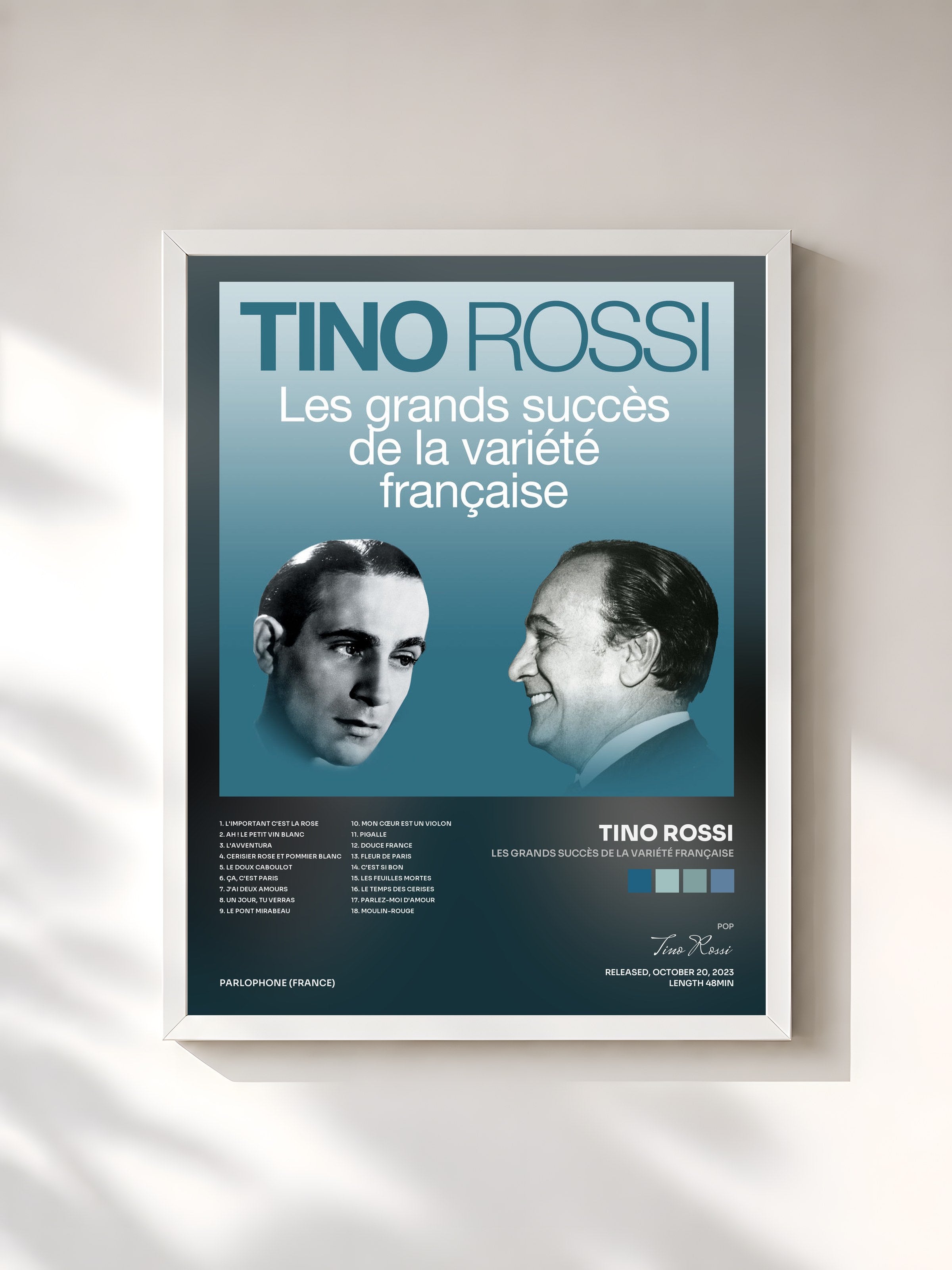 #blanc Tableau de l'album Les grands succès de la variété française de Tino Rossi, cadre blanc, imprimé et encadré en France