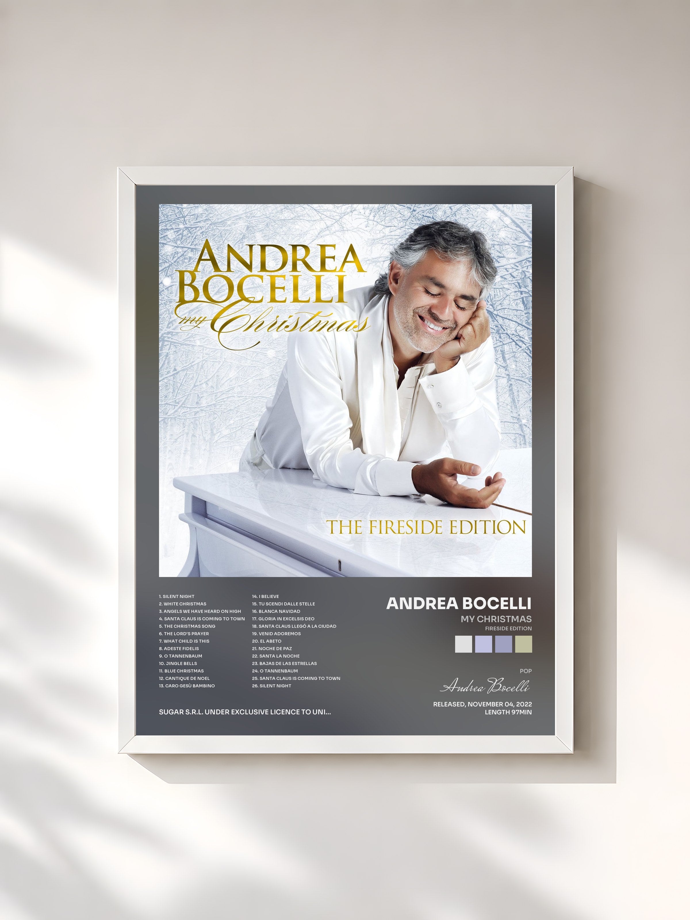 #blanc Tableau de l'album My Christmas (Fireside Edition) de Andrea Bocelli, cadre blanc, imprimé et encadré en France