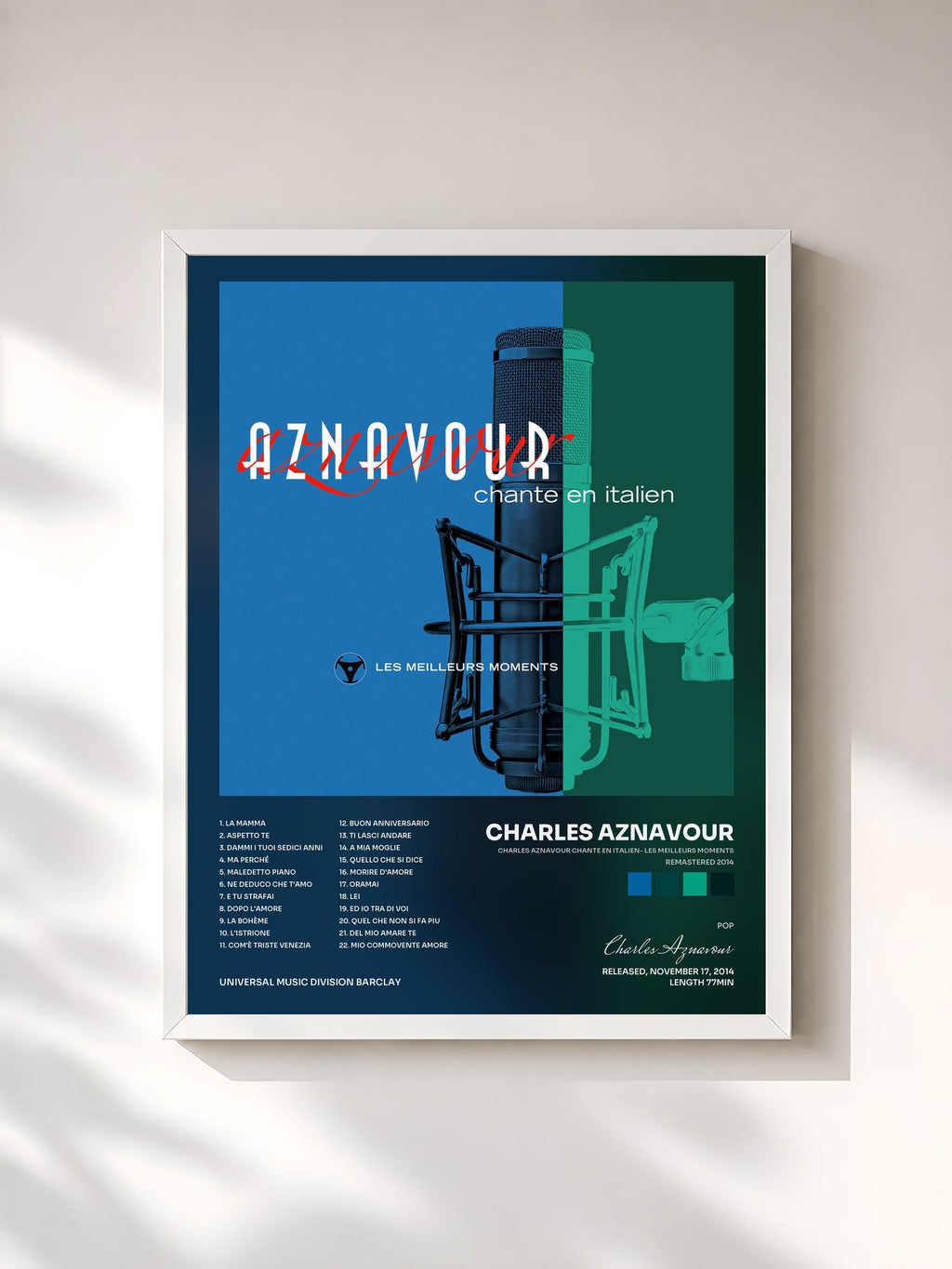 #blanc Tableau de l'album Charles Aznavour chante en italien- Les meilleurs moments (Remastered 2014) de Charles Aznavour, cadre blanc, imprimé et encadré en France