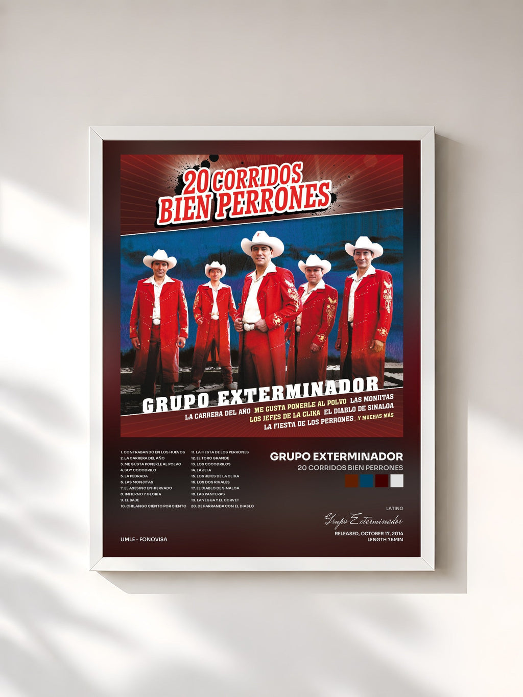 #blanc 20 Corridos Bien Perrones de Grupo Exterminador en lámina enmarcada, marco blanco, impresa y enmarcada en Francia