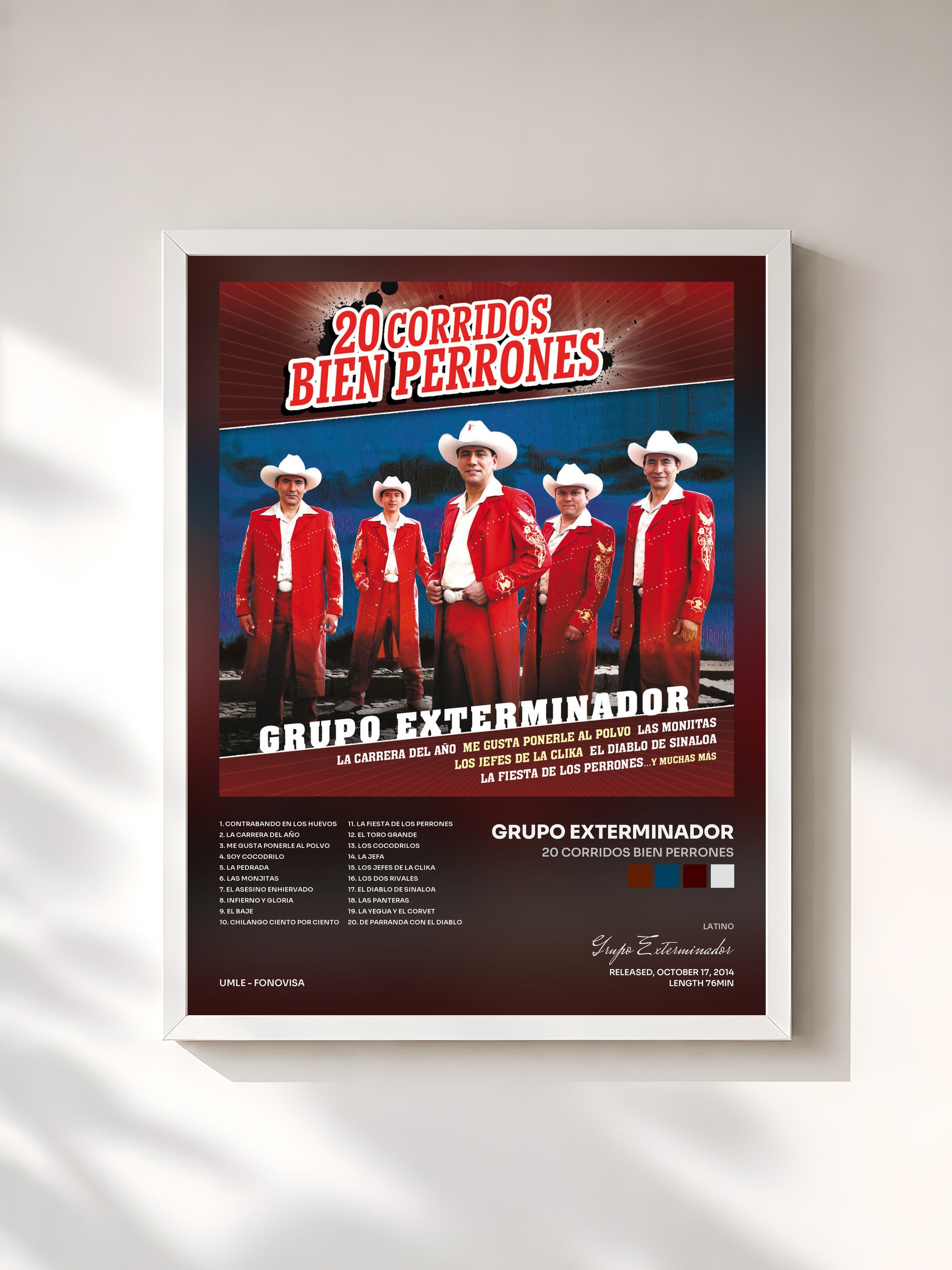 #blanc Tableau de l'album 20 Corridos Bien Perrones de Grupo Exterminador, cadre blanc, imprimé et encadré en France
