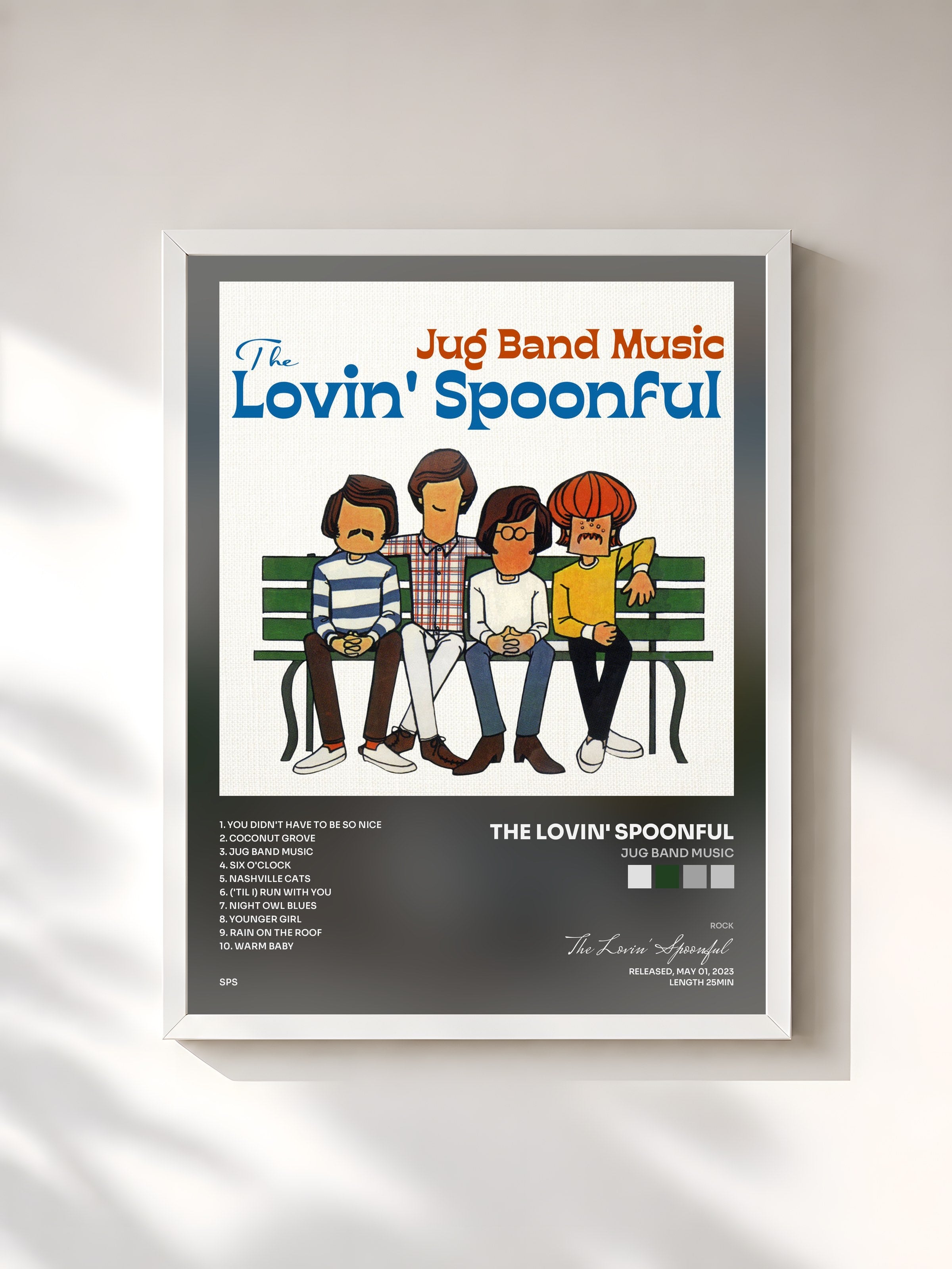 #blanc Tableau de l'album Jug Band Music de The Lovin' Spoonful, cadre blanc, imprimé et encadré en France