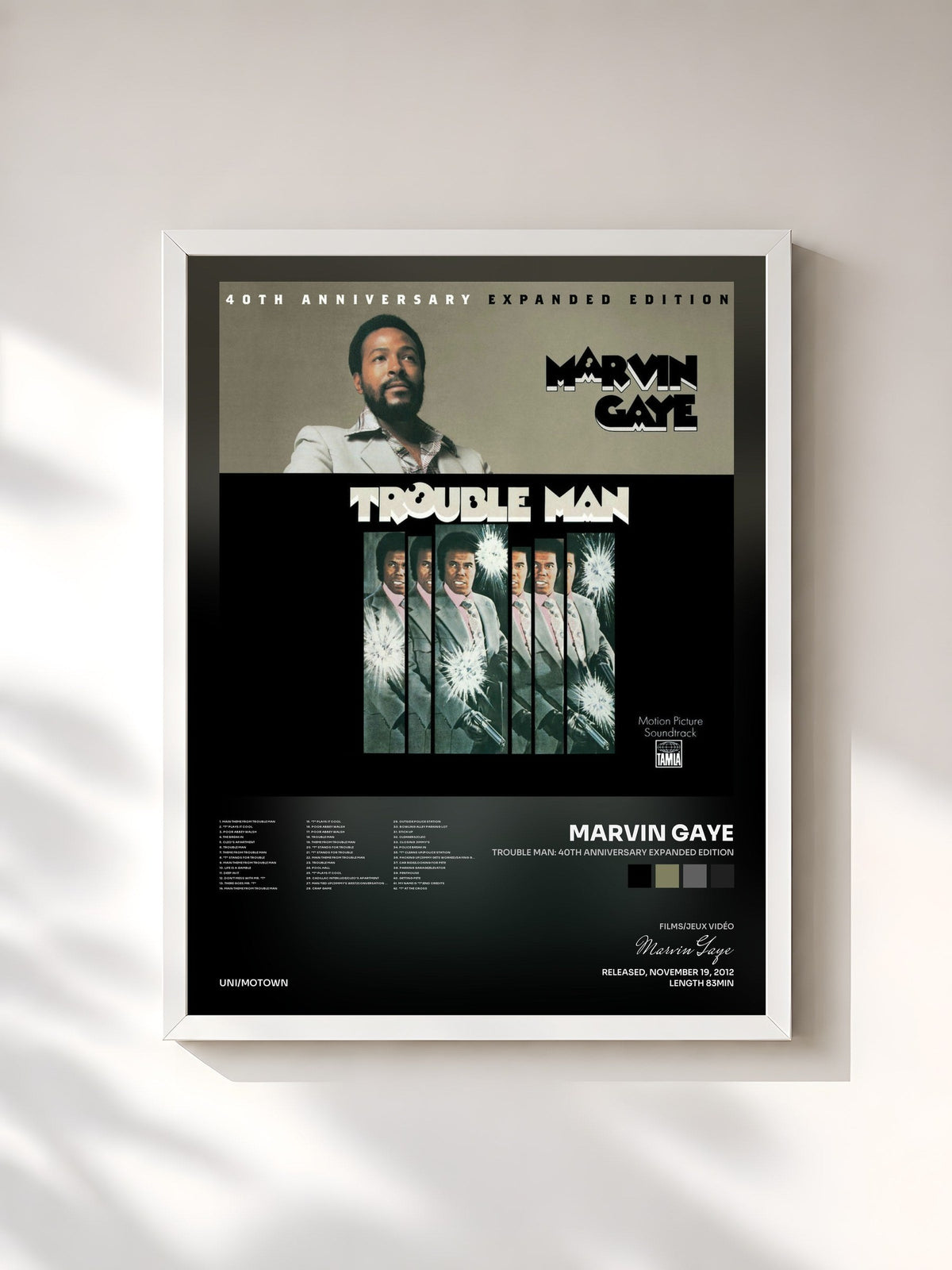 #blanc Tableau de l'album Trouble Man: 40th Anniversary Expanded Edition de Marvin Gaye, cadre blanc, imprimé et encadré en France