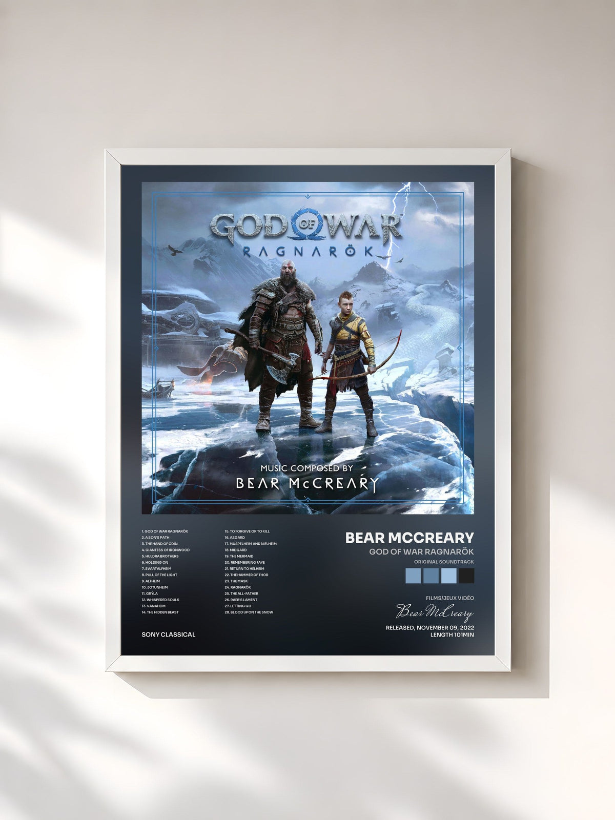 #blanc Tableau de l'album God of War Ragnarök (Original Soundtrack) de Bear McCreary, cadre blanc, imprimé et encadré en France