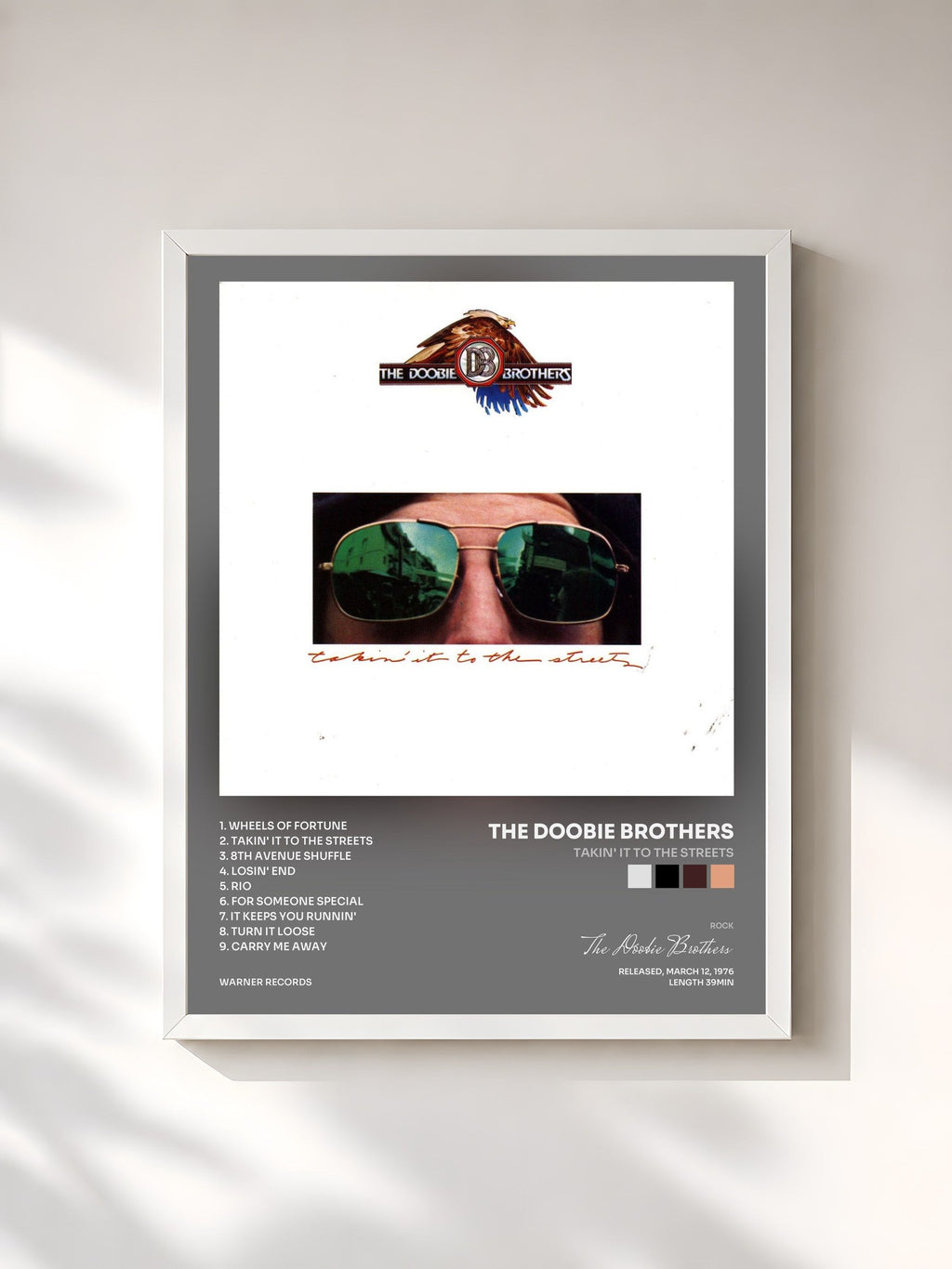 #blanc Tableau de l'album Takin' It to the Streets de The Doobie Brothers, cadre blanc, imprimé et encadré en France