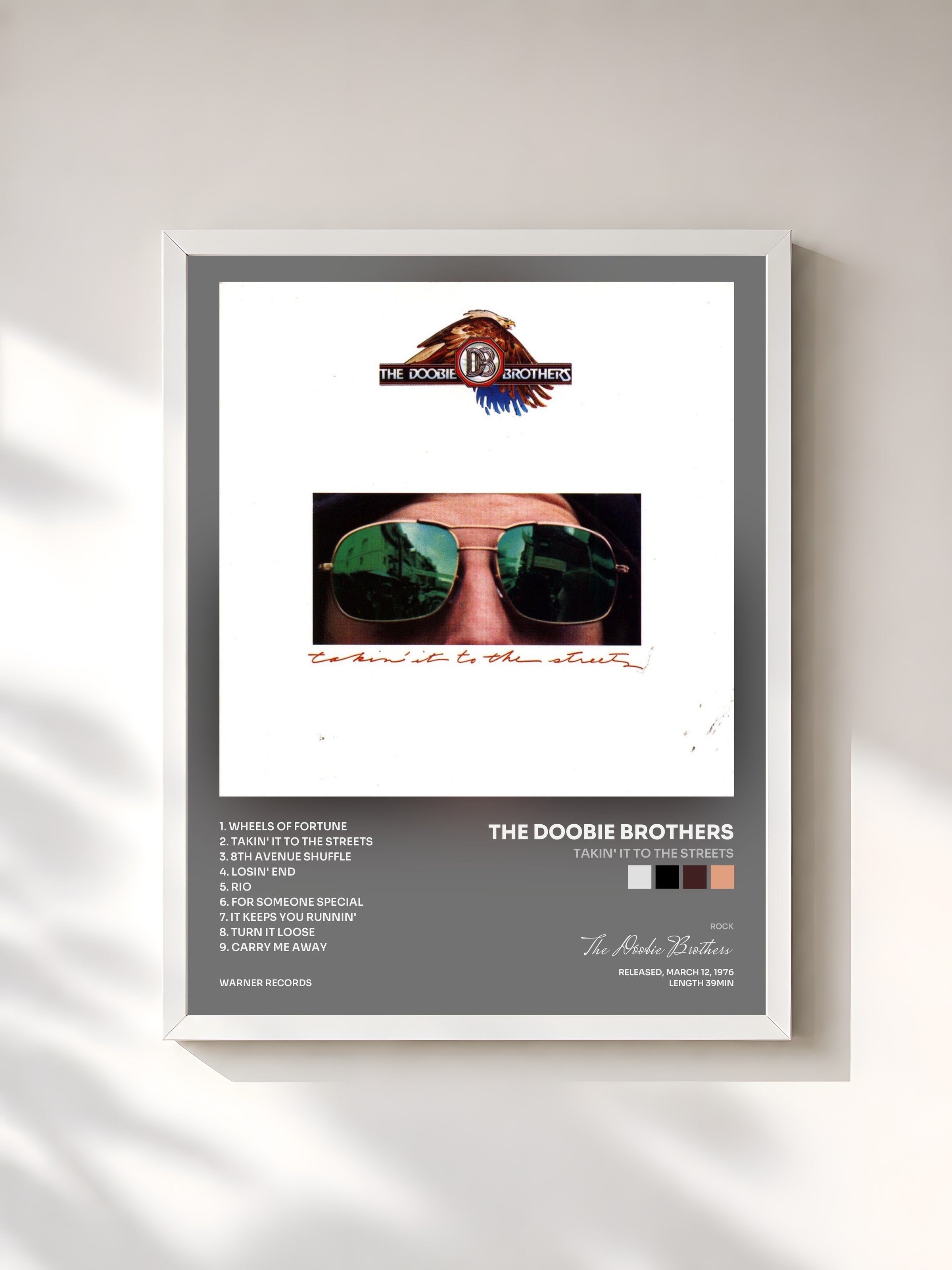 #blanc Tableau de l'album Takin' It to the Streets de The Doobie Brothers, cadre blanc, imprimé et encadré en France