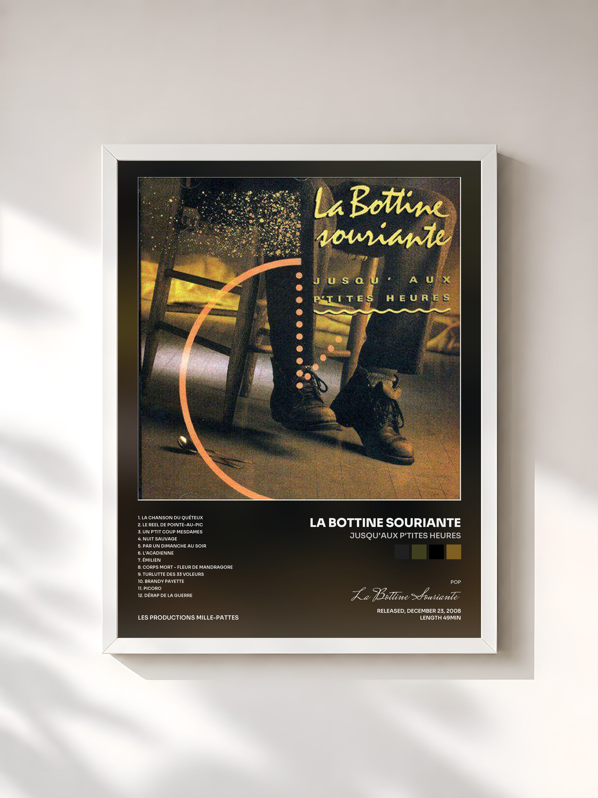 #blanc Tableau de l'album Jusqu'aux p'tites heures de La Bottine Souriante, cadre blanc, imprimé et encadré en France