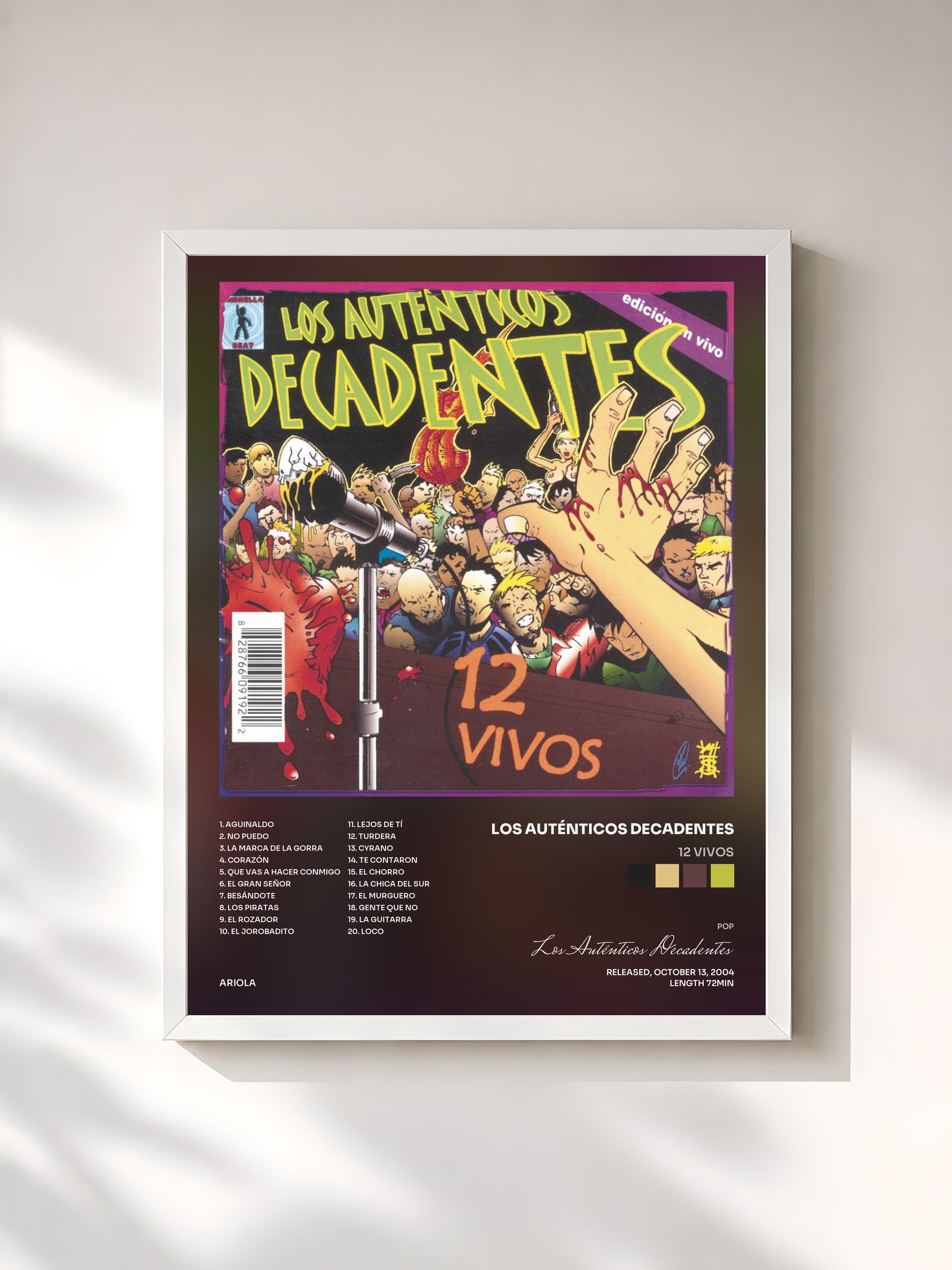 #blanc Tableau de l'album 12 Vivos de Los Auténticos Decadentes, cadre blanc, imprimé et encadré en France