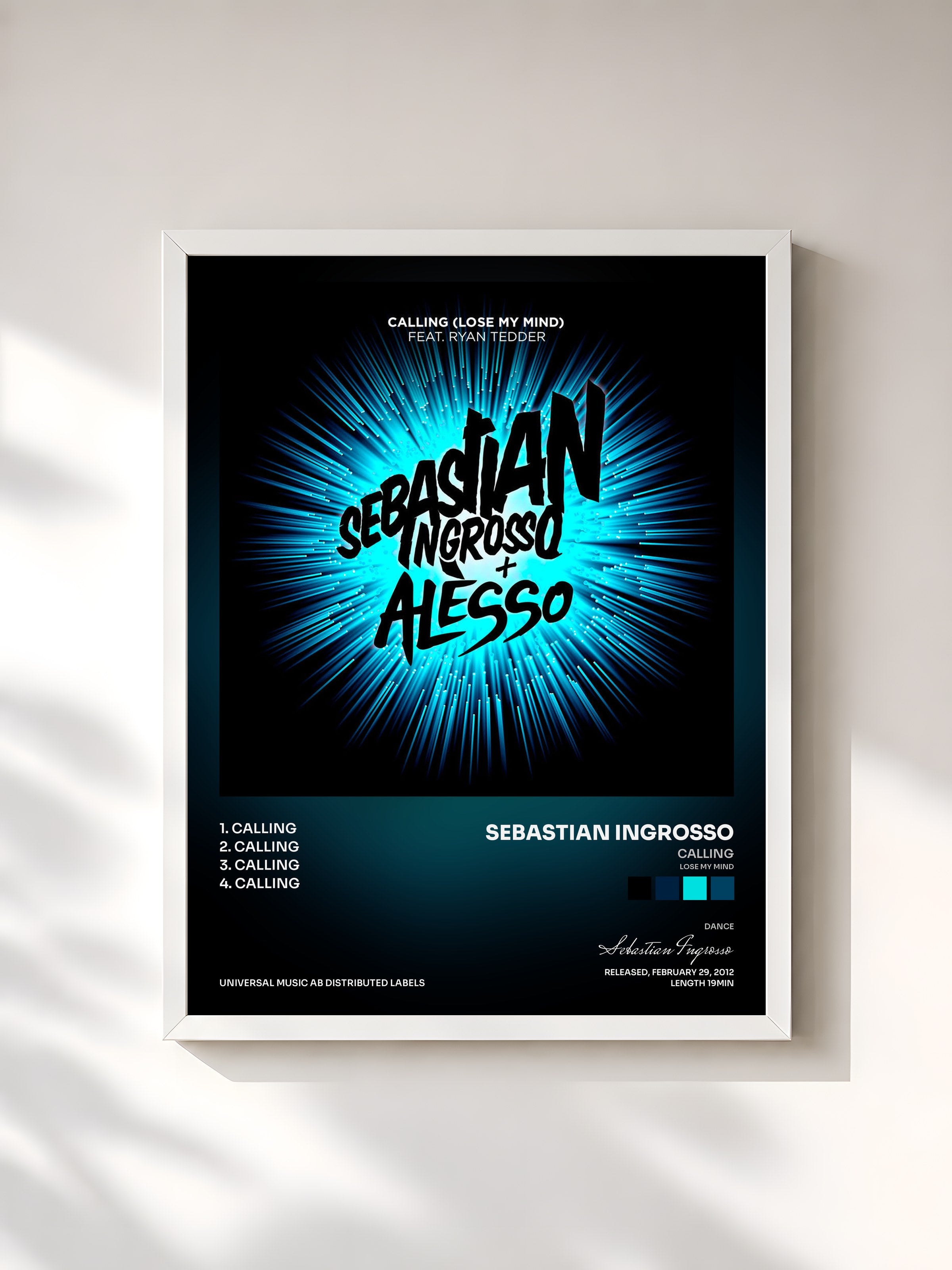 #blanc Tableau de l'album Calling (Lose My Mind) de Sebastian Ingrosso, cadre blanc, imprimé et encadré en France