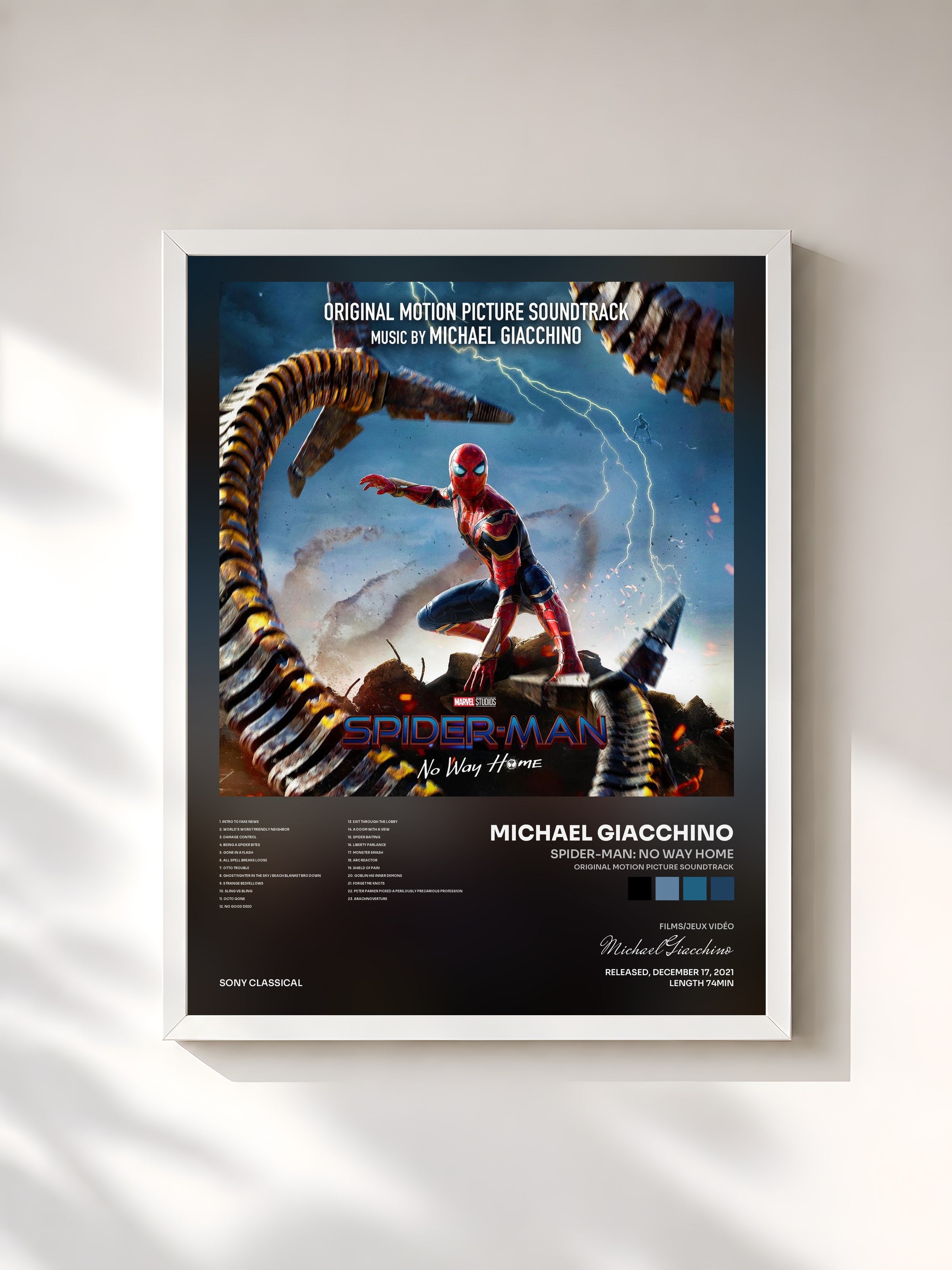 #blanc Tableau de l'album Spider-Man: No Way Home (Original Motion Picture Soundtrack) de Michael Giacchino, cadre blanc, imprimé et encadré en France
