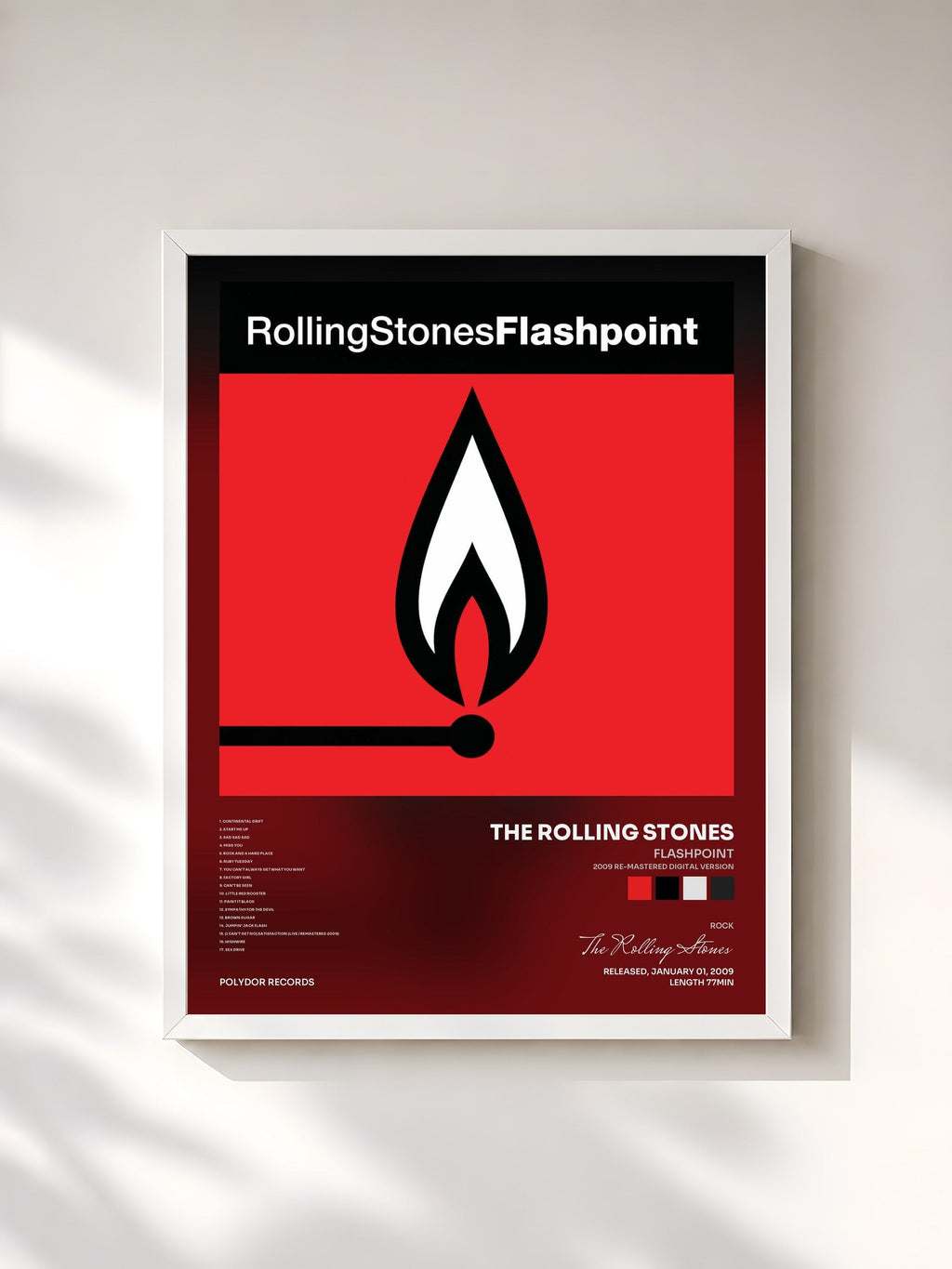 #blanc Flashpoint (2009 Re-Mastered Digital Version) de The Rolling Stones en lámina enmarcada, marco blanco, impresa y enmarcada en Francia