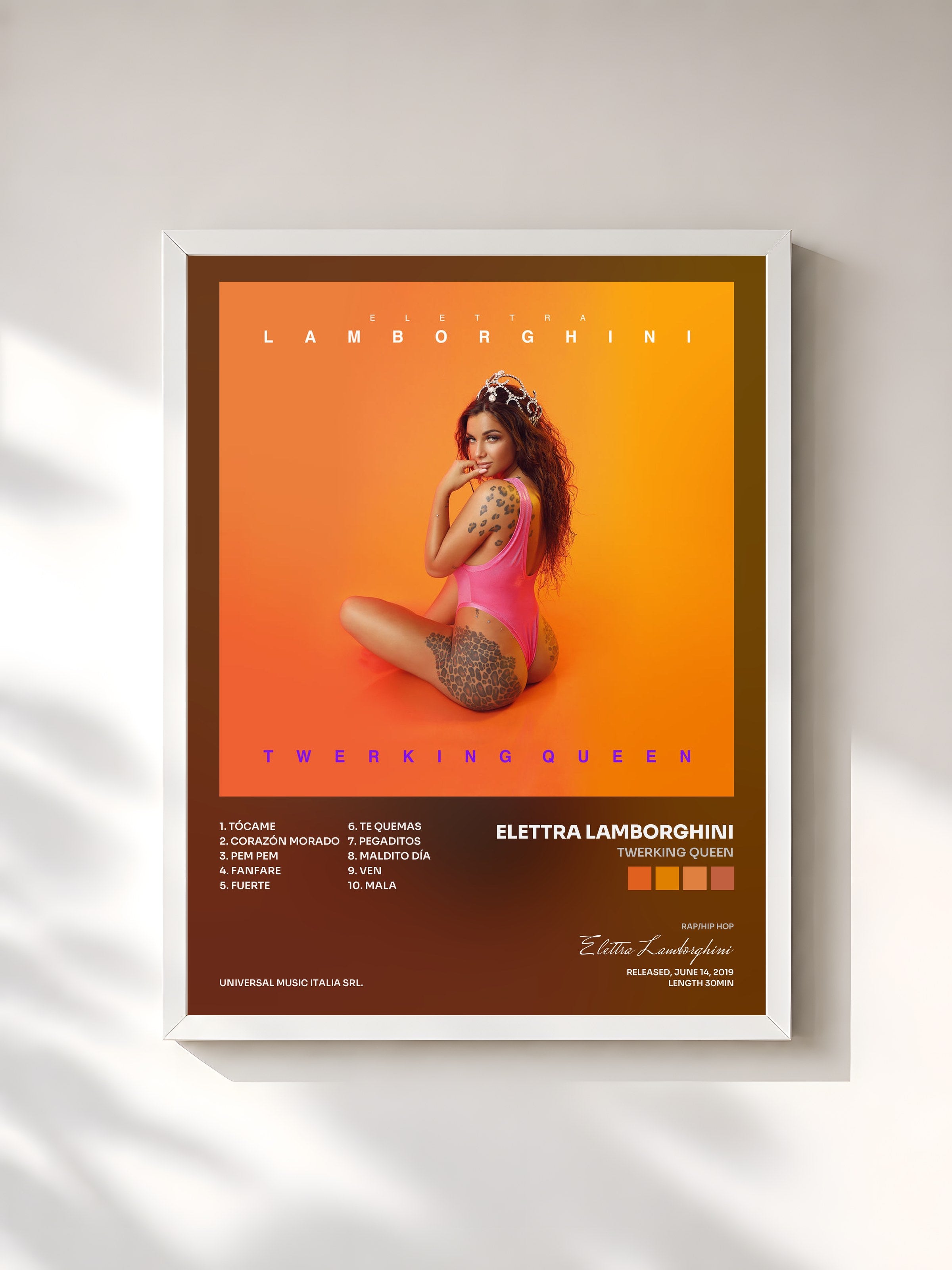 #blanc Tableau de l'album Twerking Queen de Elettra Lamborghini, cadre blanc, imprimé et encadré en France