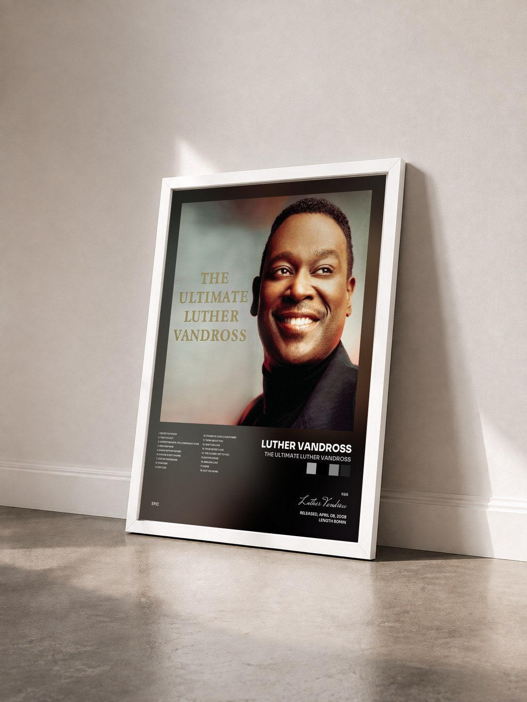 #blanc Tableau de l'album The Ultimate Luther Vandross de Luther Vandross vu de trois quarts, cadre blanc