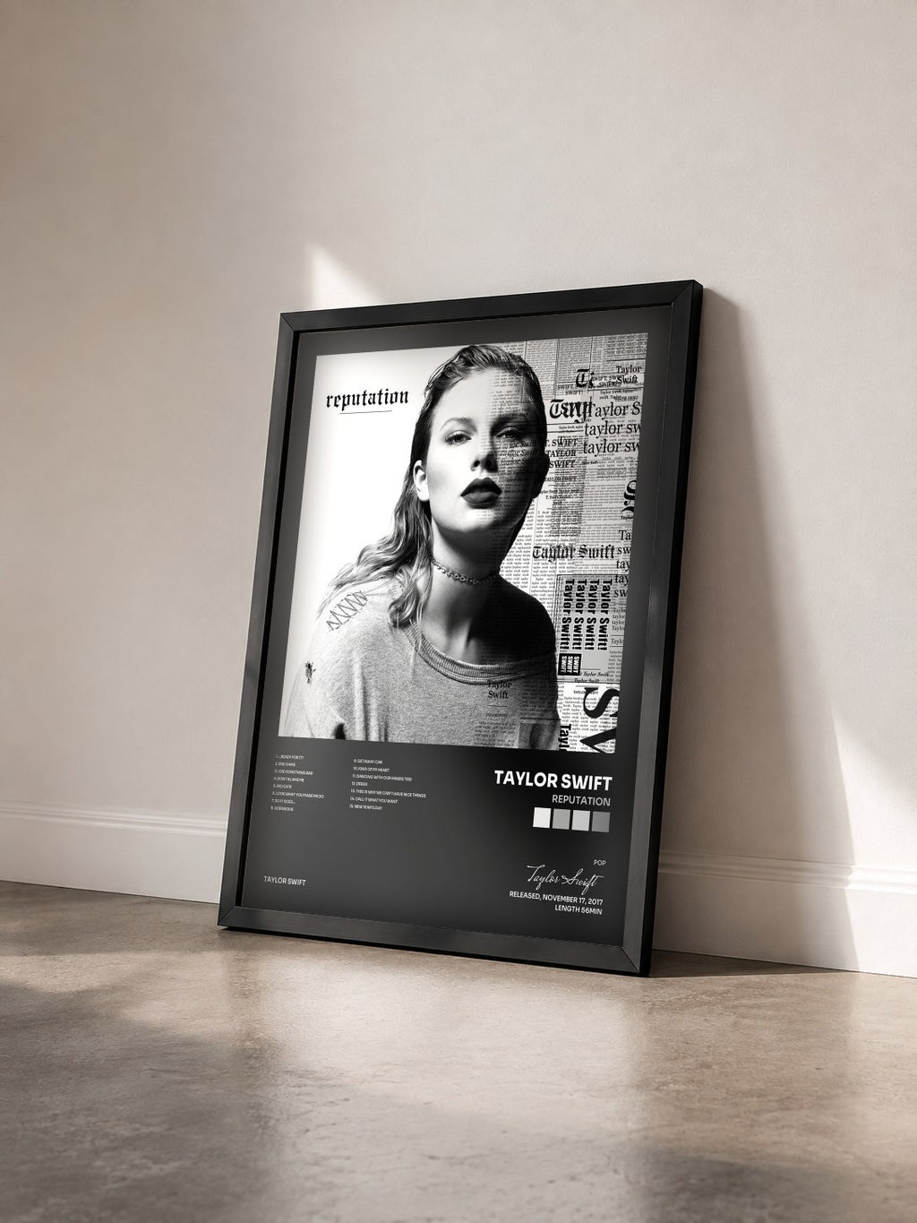 #noir Tableau de l'album reputation de Taylor Swift vu de trois quarts, cadre noir