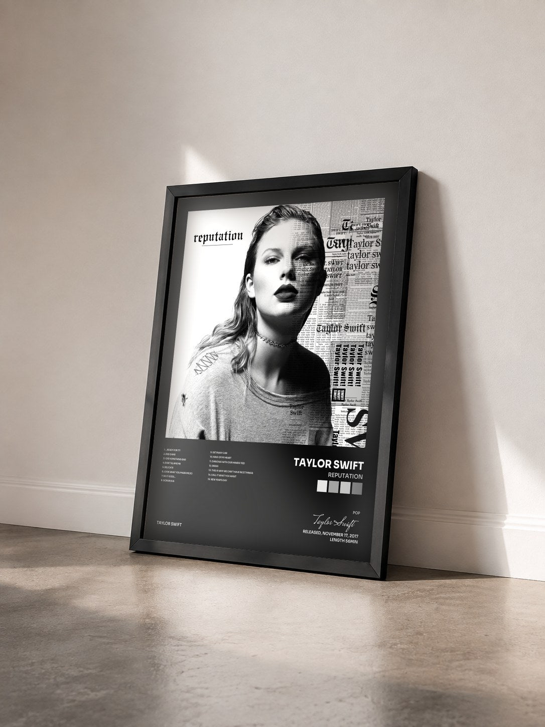 #noir reputation di Taylor Swift in stampa incorniciata vista di tre quarti, cornice nera