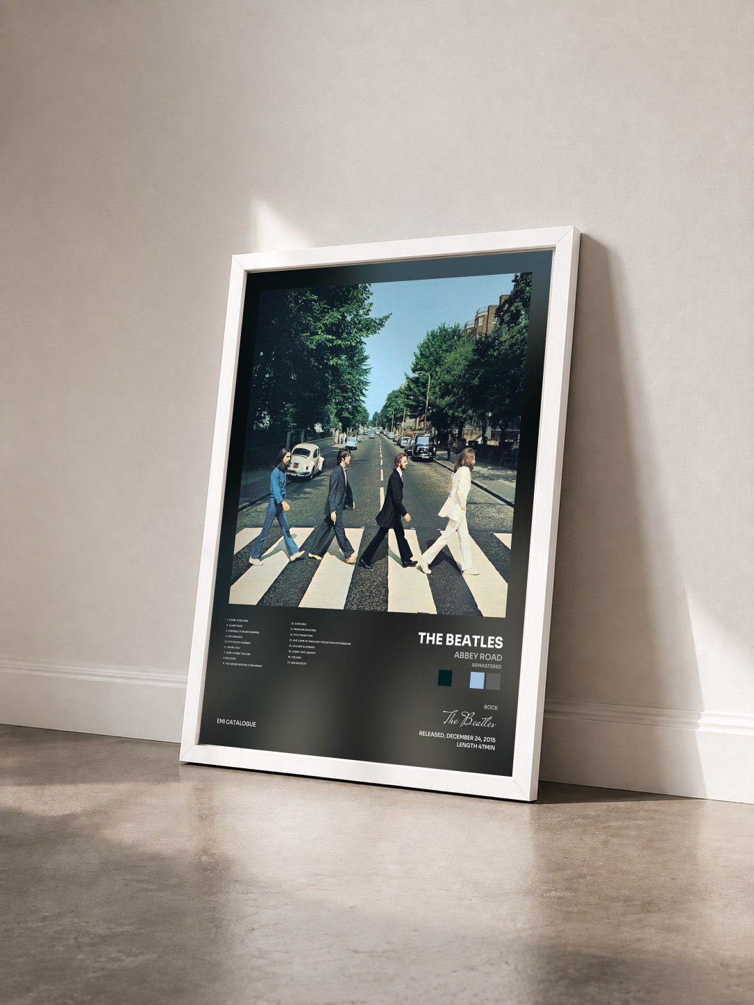 #blanc Tableau de l'album Abbey Road (Remastered) de The Beatles vu de trois quarts, cadre blanc