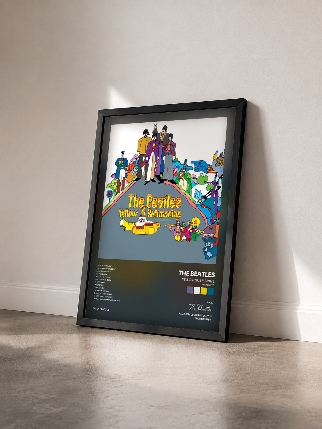 #noir Yellow Submarine (Remastered) by The Beatles as a framed art print seen at an angle, black frame