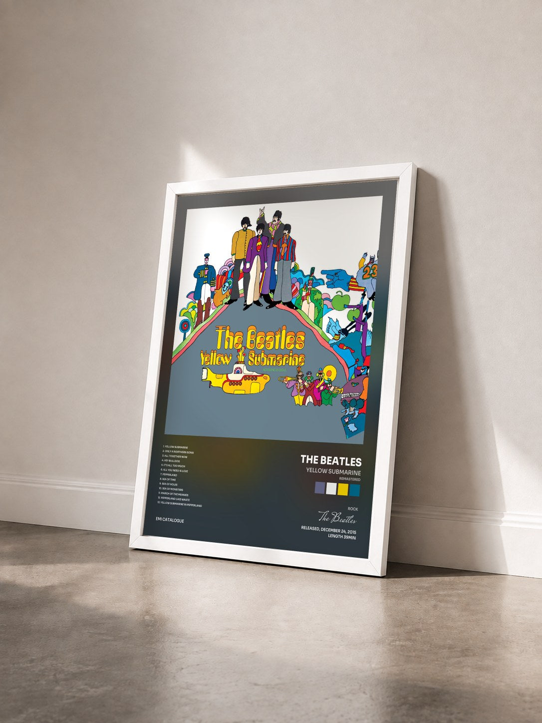 #blanc Yellow Submarine (Remastered) by The Beatles as a framed art print seen at an angle, white frame