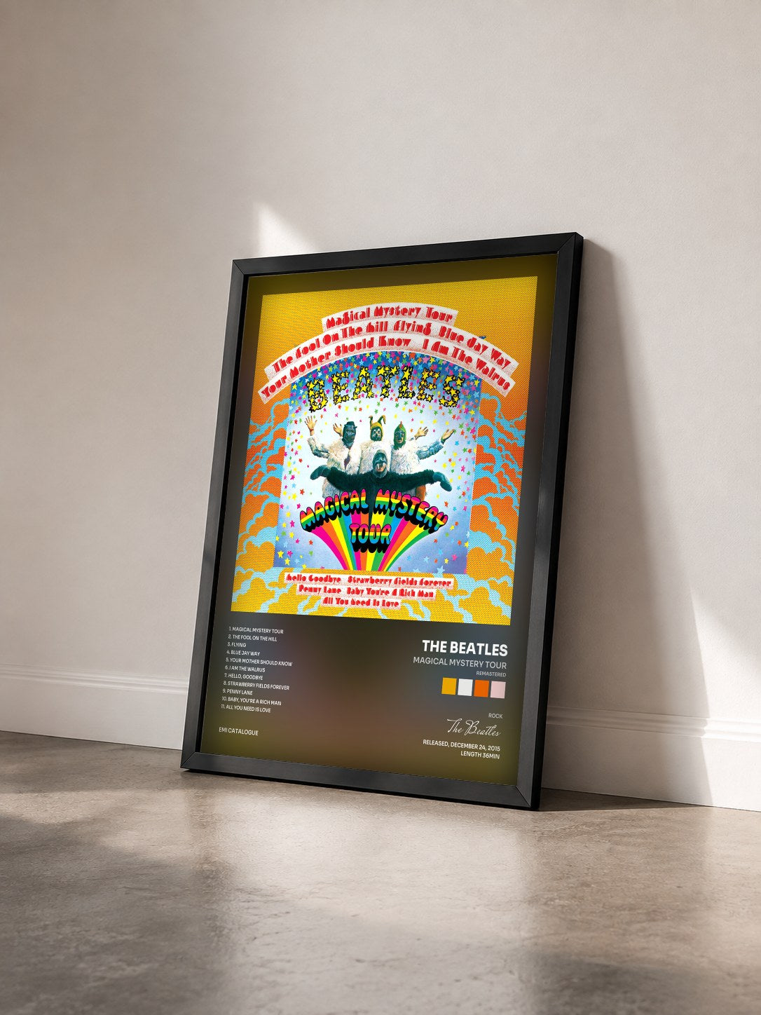 #noir Magical Mystery Tour (Remastered) by The Beatles as a framed art print seen at an angle, black frame